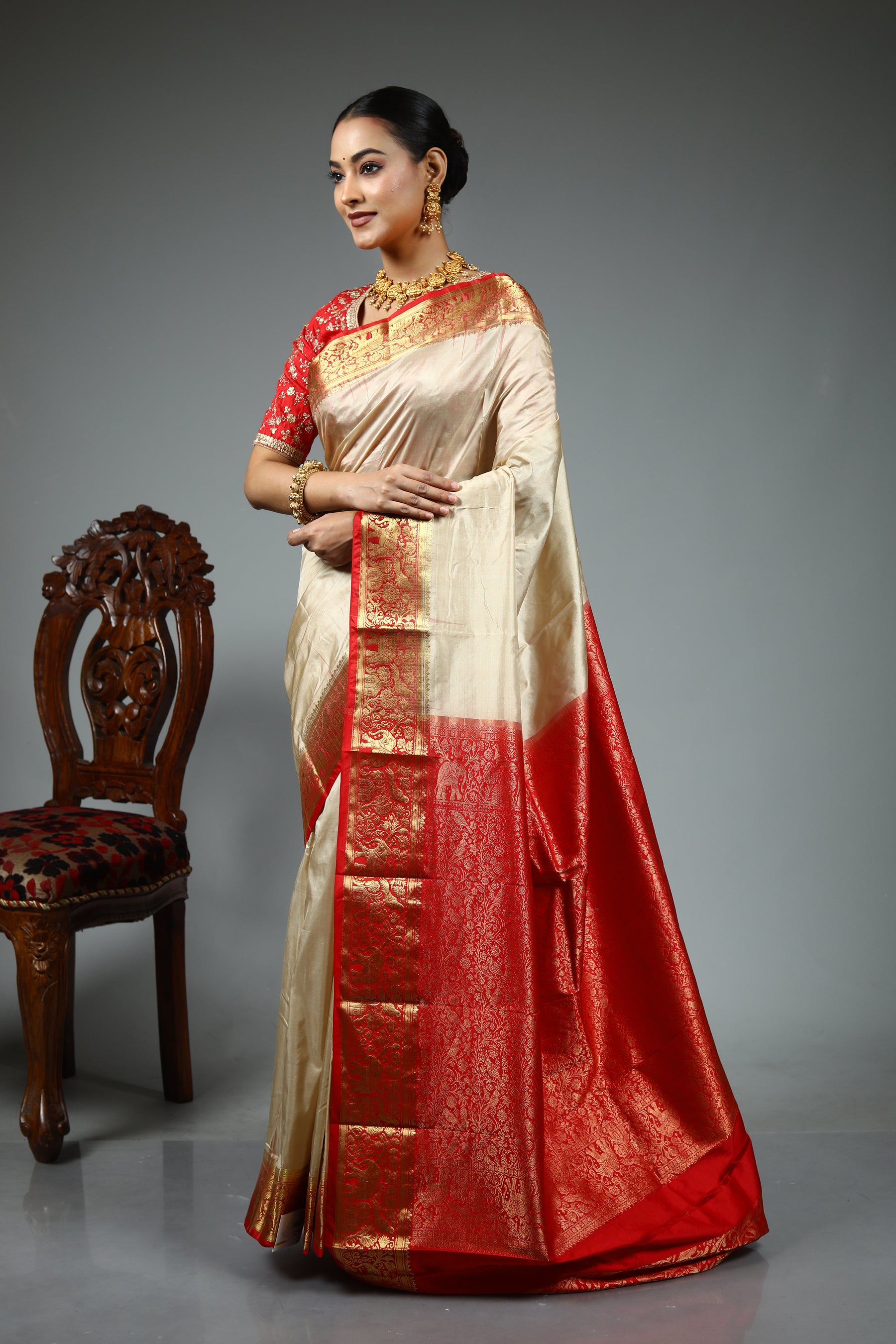 Beige Pure Kanjivaram Silk Saree