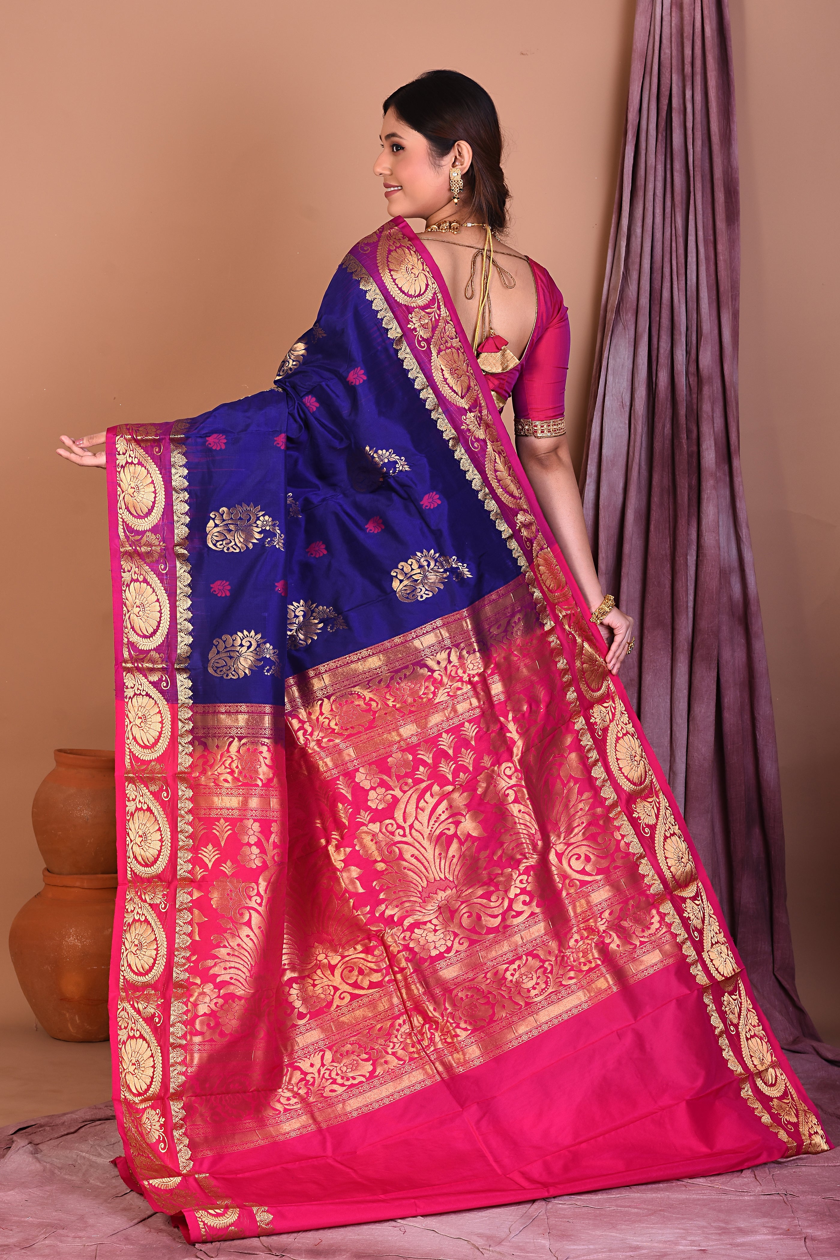 Deep Blue Pure Kanjivaram Saree with Pink Borders - Keya Seth Exclusive