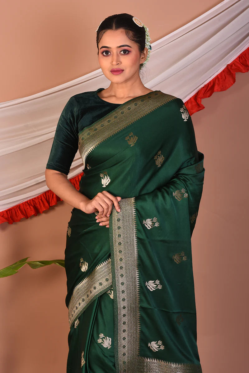 Bottle Green Blended Mashru Silk Saree - Keya Seth Exclusive