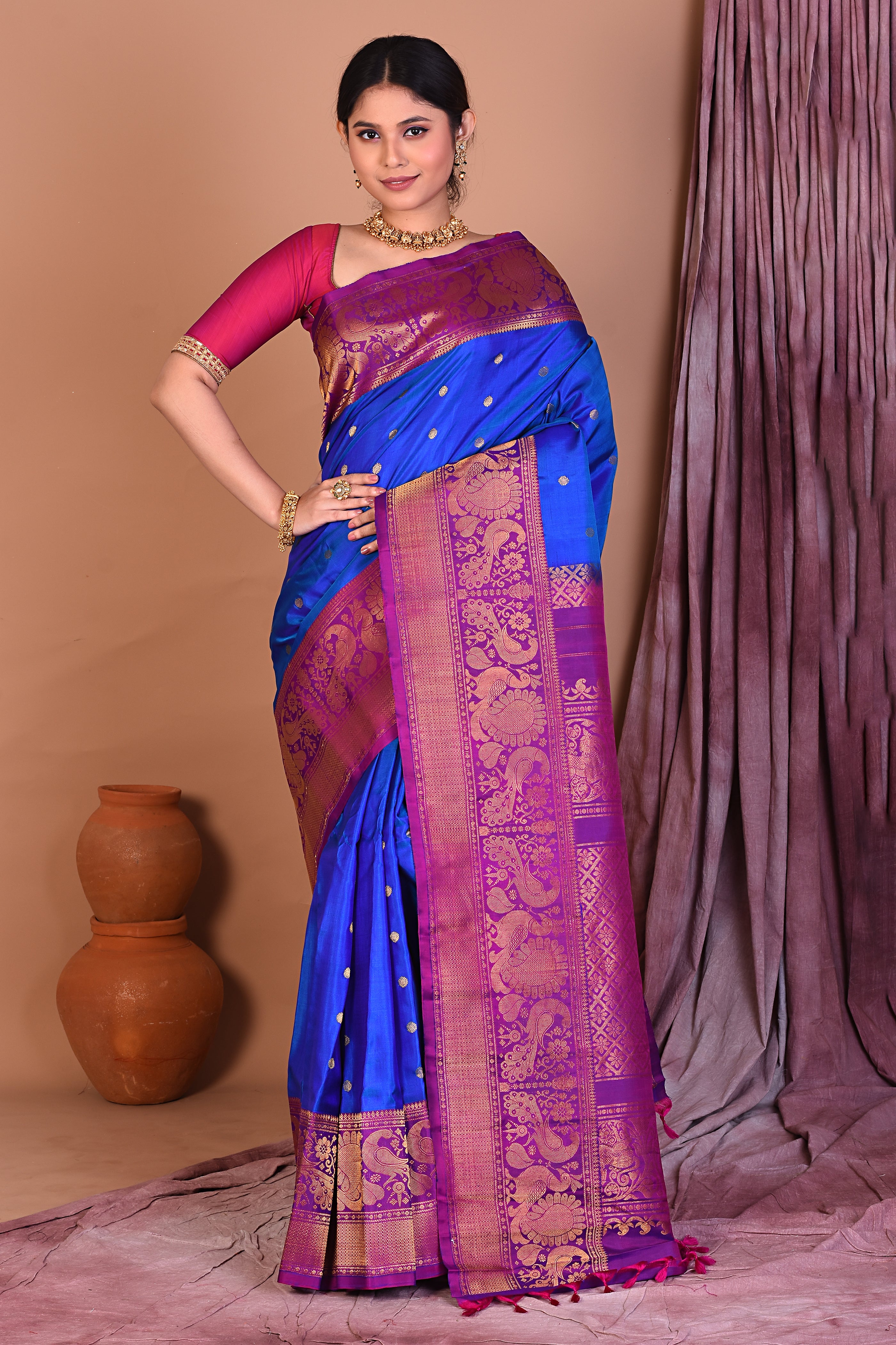 Royal Blue Pure Gadwal Saree with Purple Borders - Keya Seth Exclusive