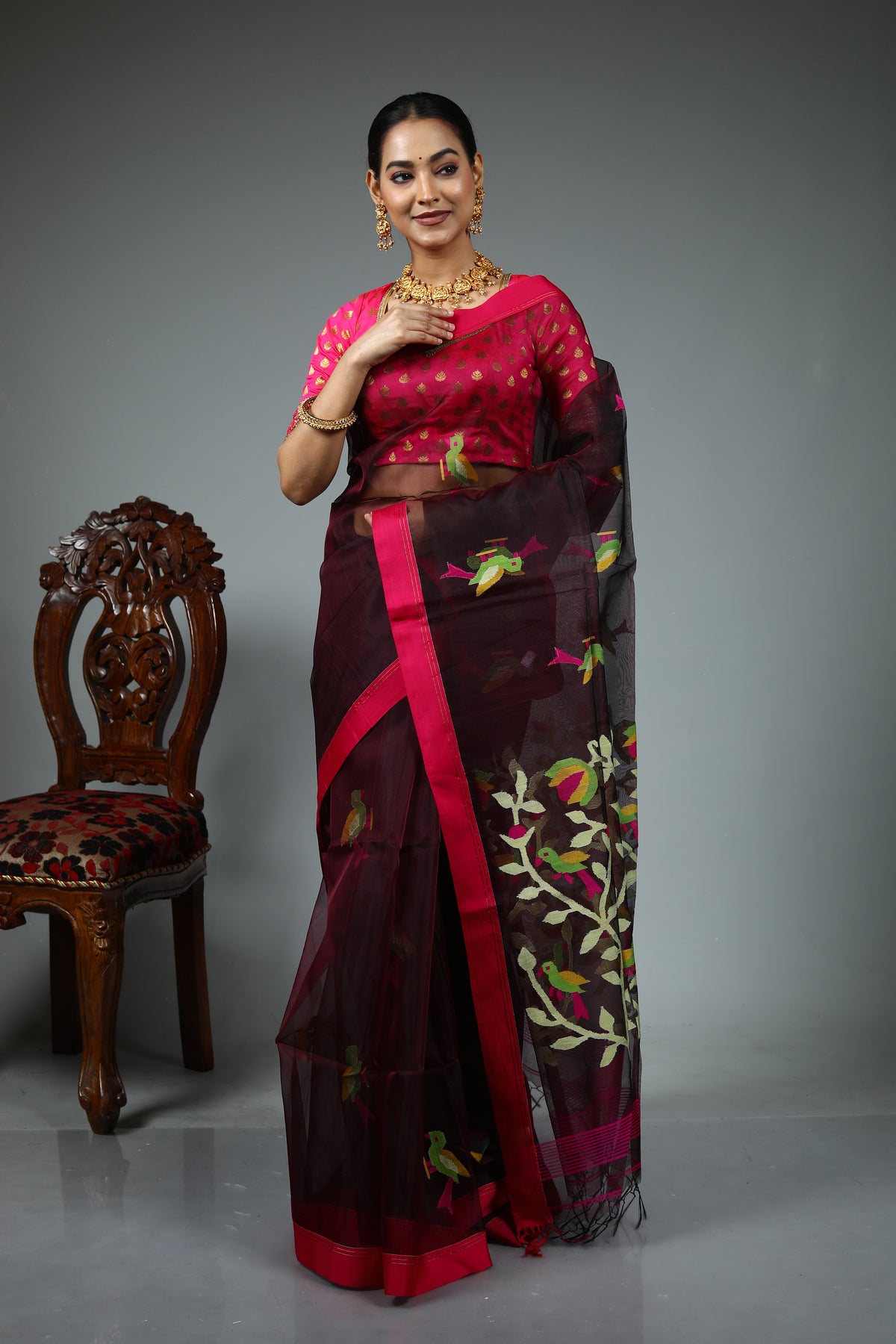 Brown Muslin Saree