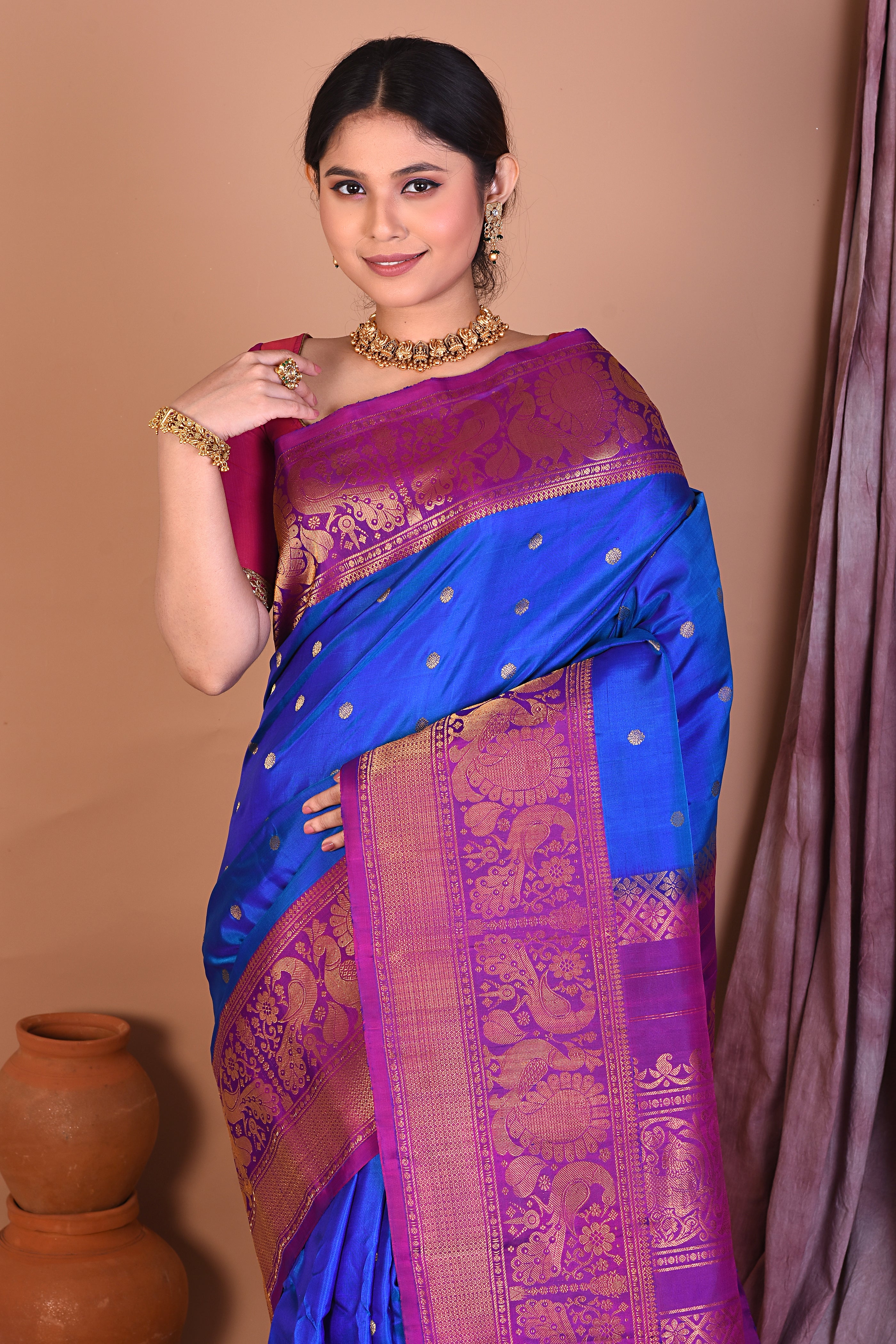 Royal Blue Pure Gadwal Saree with Purple Borders - Keya Seth Exclusive