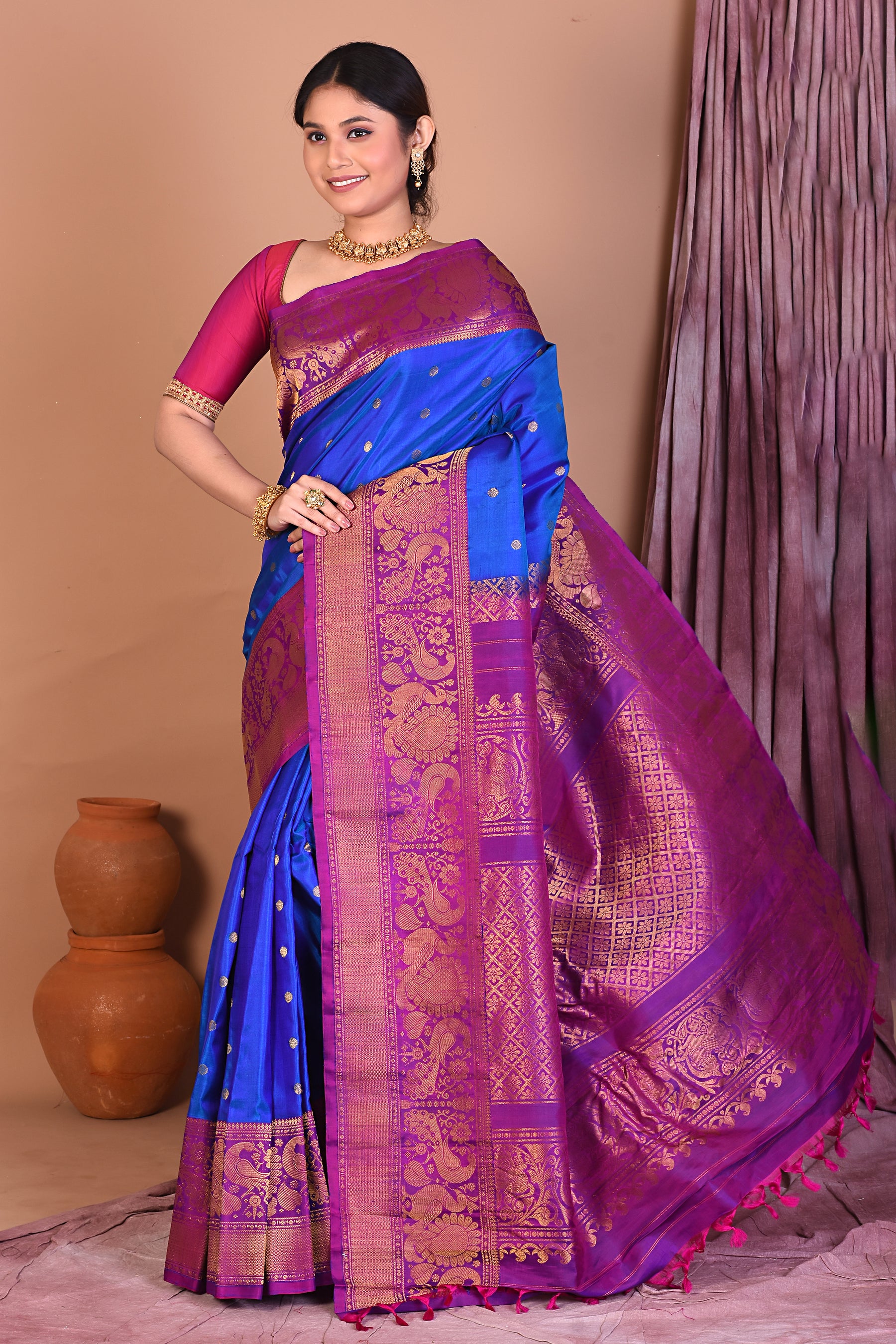 Royal Blue Pure Gadwal Saree with Purple Borders - Keya Seth Exclusive