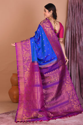 Royal Blue Pure Gadwal Saree with Purple Borders - Keya Seth Exclusive