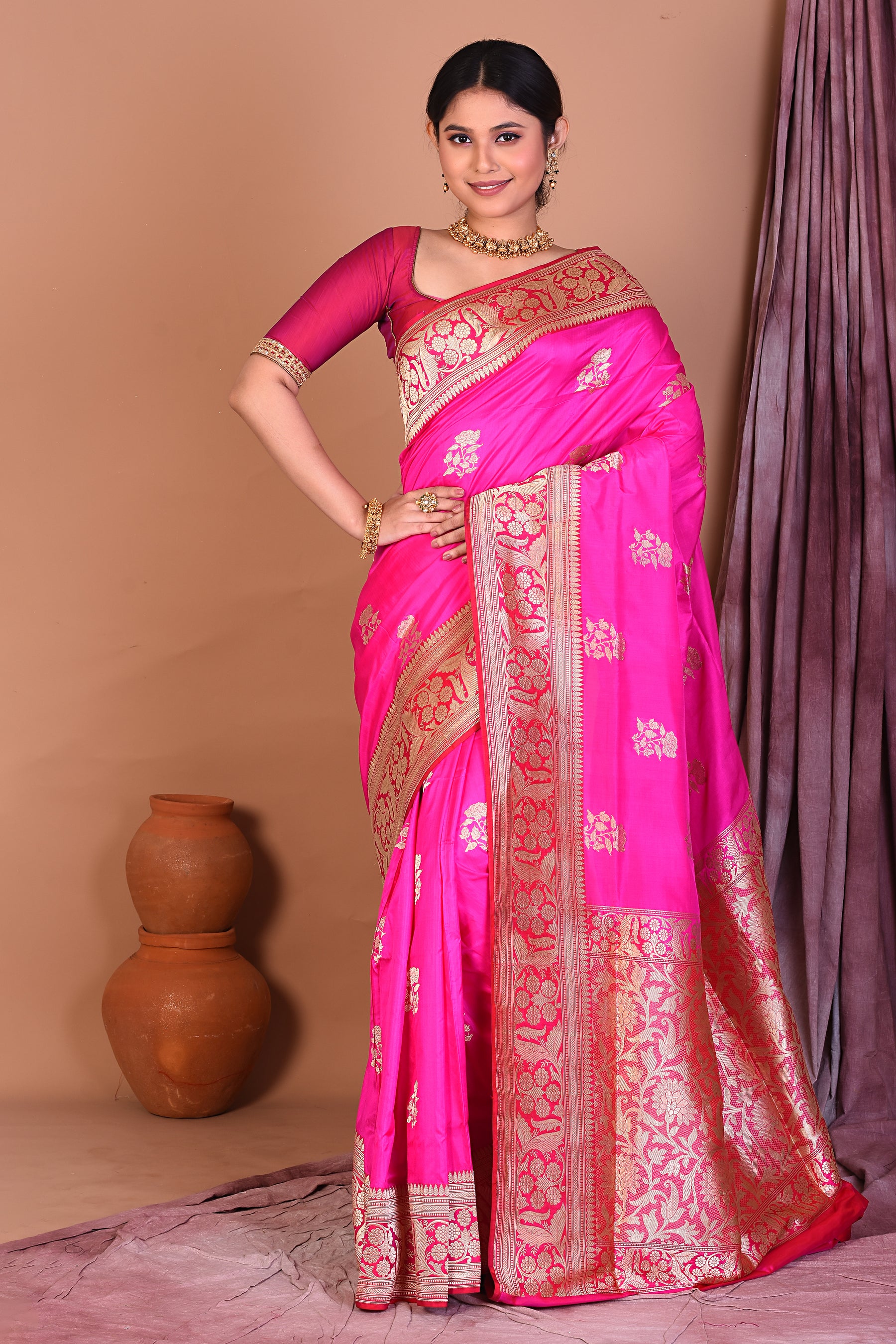 Rani Pure Katan Saree with Golden Zari - Keya Seth Exclusive