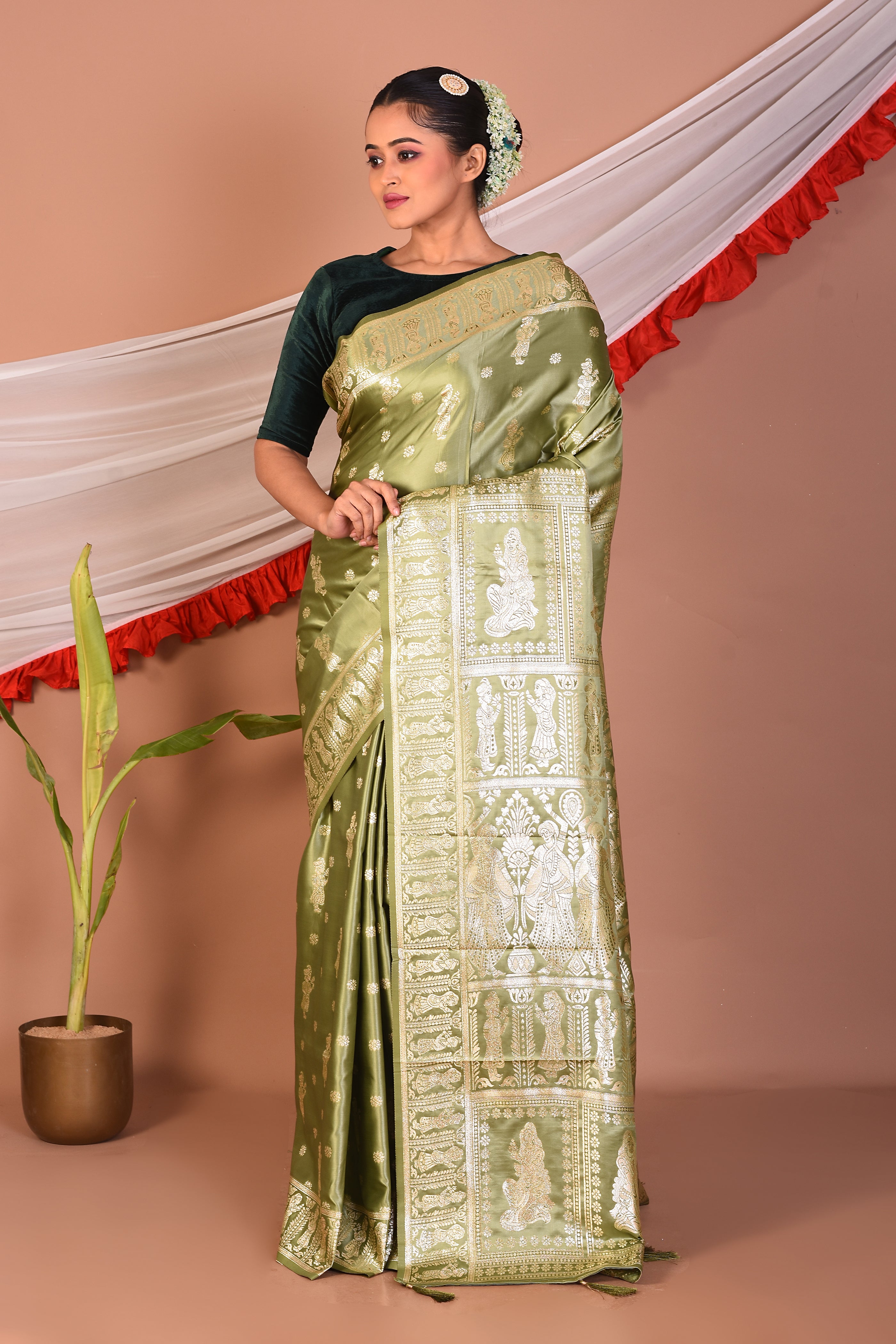 Green Blended Satin Silk Saree - Keya Seth Exclusive