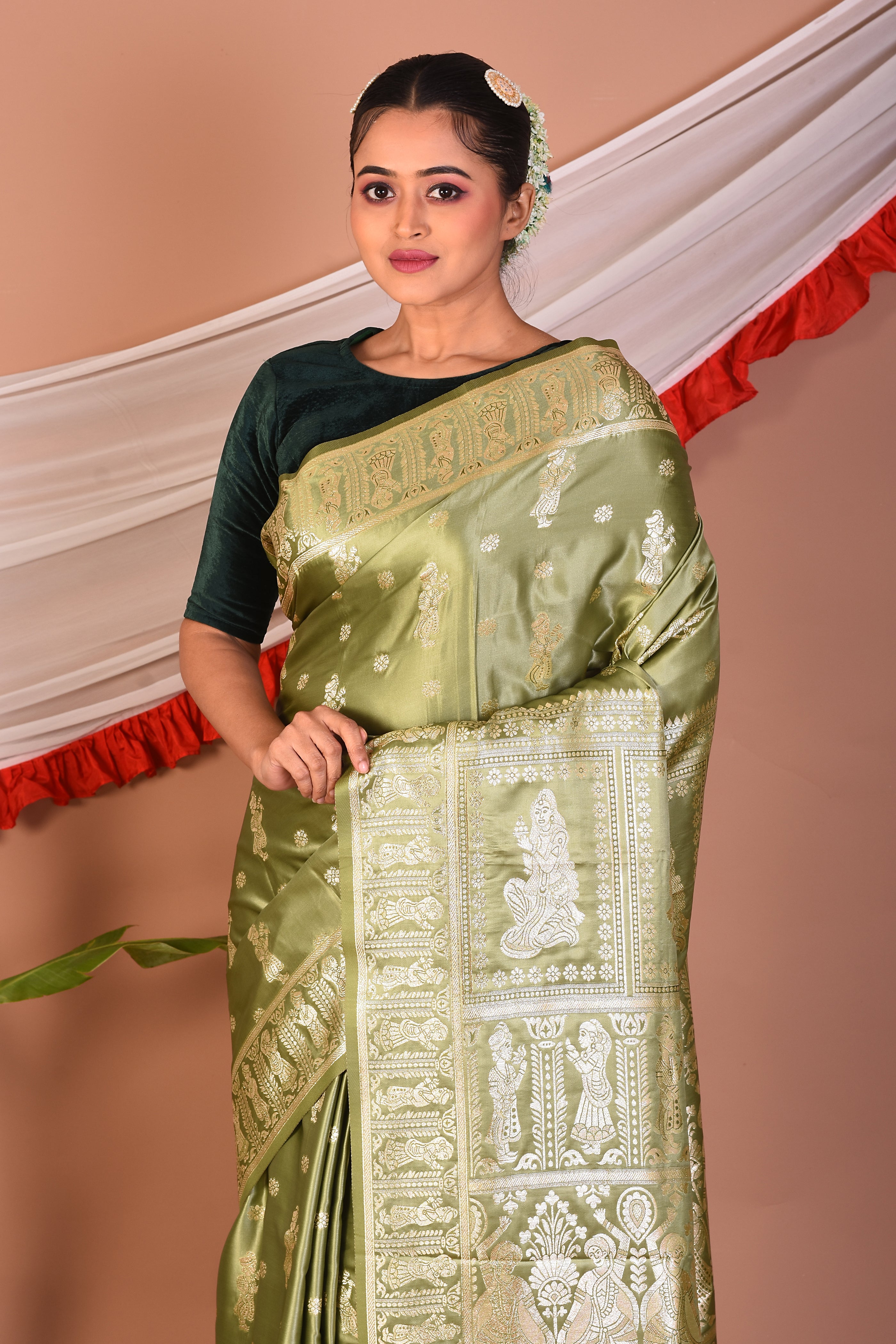 Green Blended Satin Silk Saree - Keya Seth Exclusive