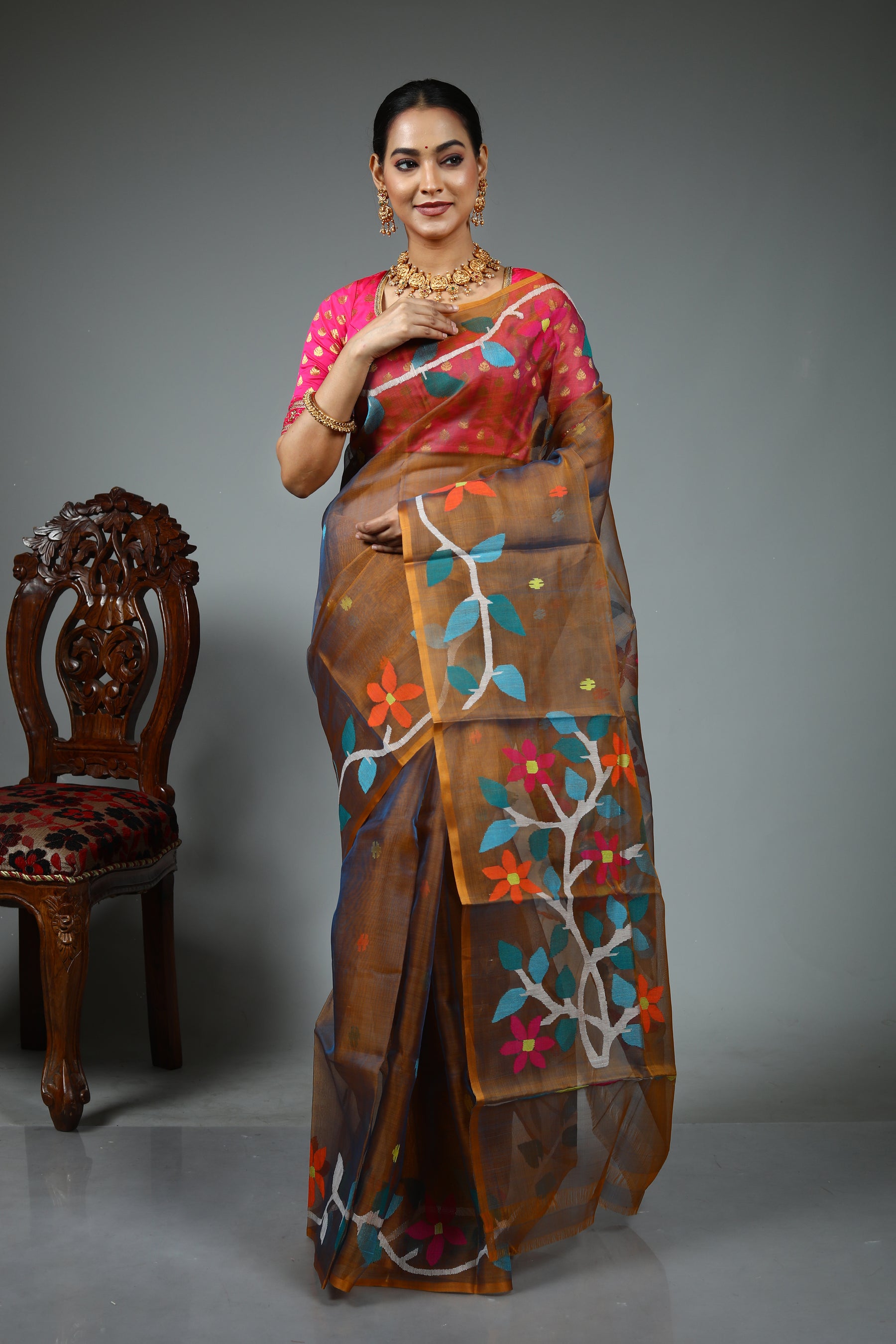 Brown Muslin Saree