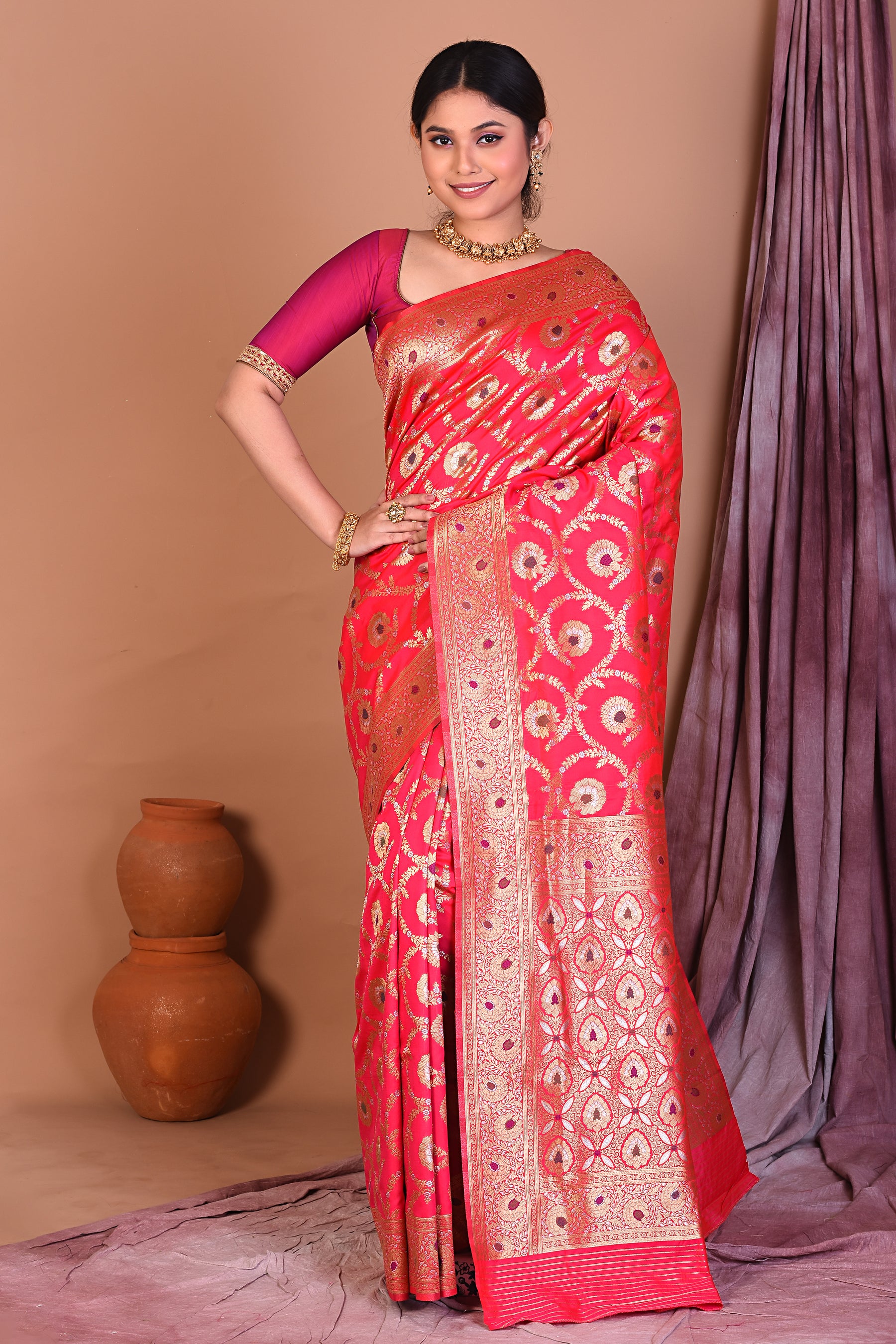 Pink Blended Katan Saree with Golden Zari - Keya Seth Exclusive