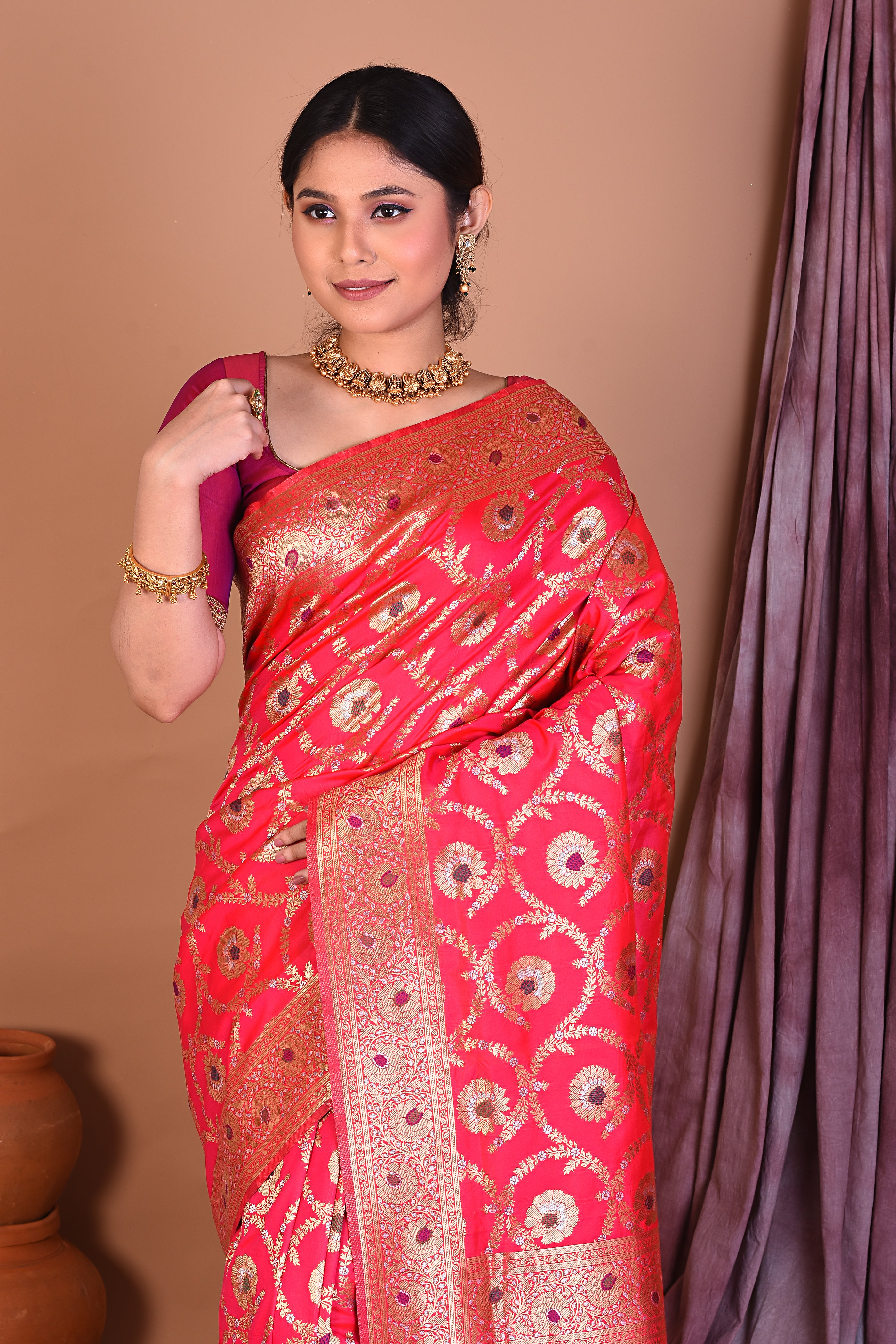 Pink Blended Katan Saree with Golden Zari - Keya Seth Exclusive