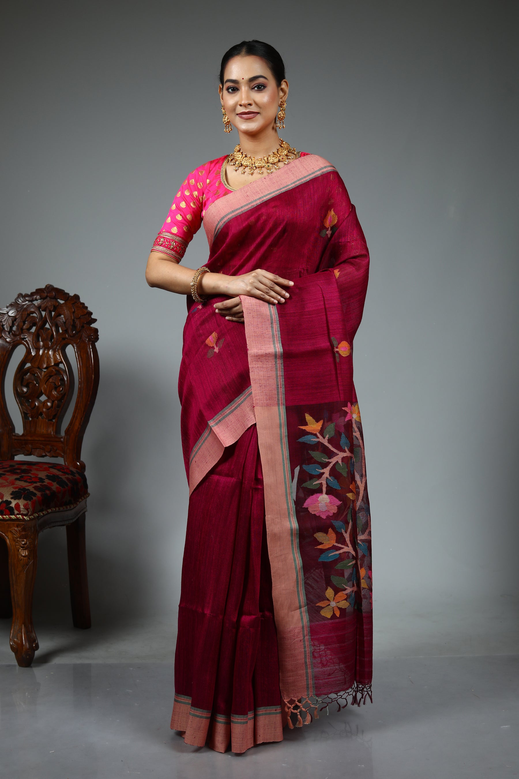 Magenta Tussar Saree
