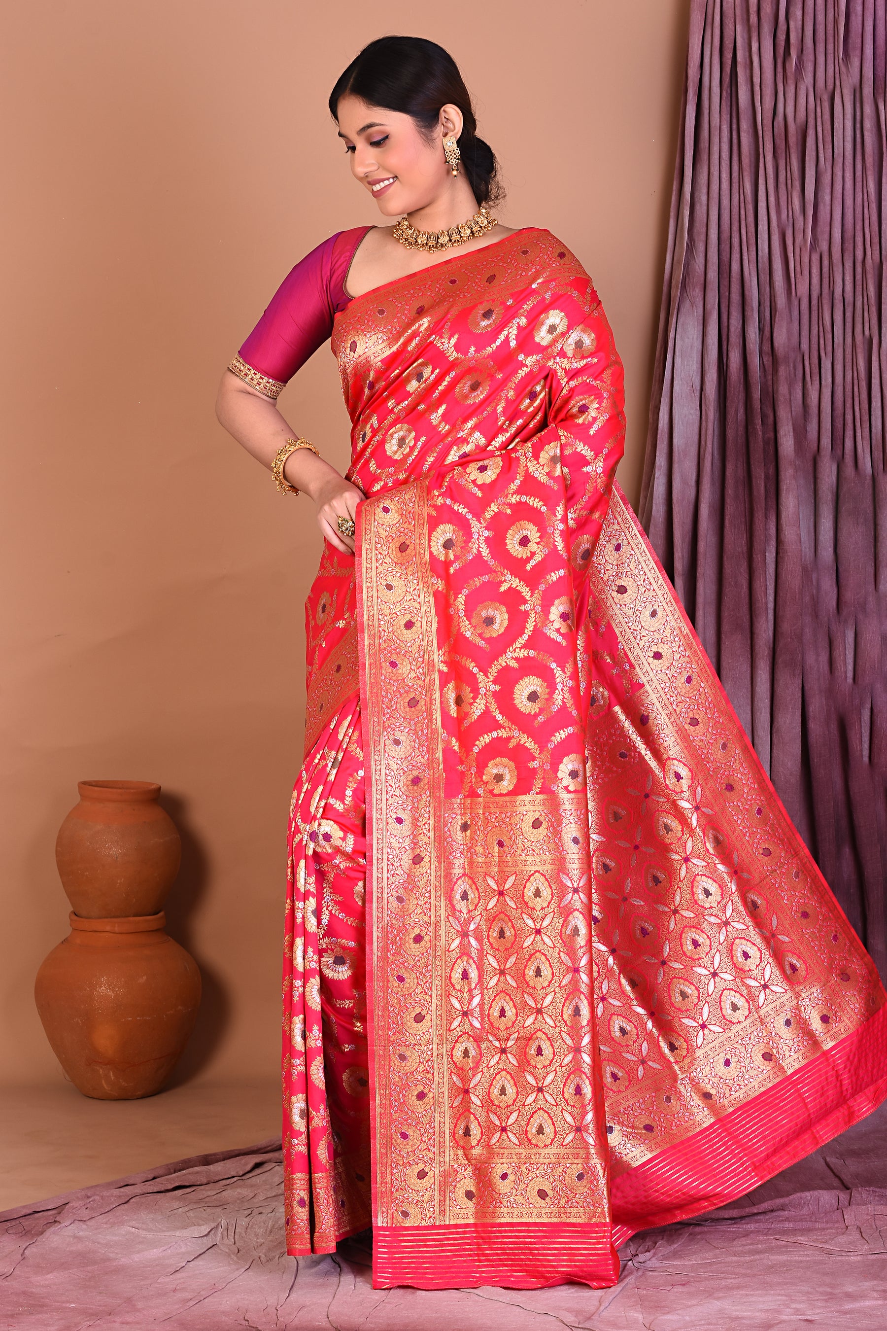 Pink Blended Katan Saree with Golden Zari - Keya Seth Exclusive