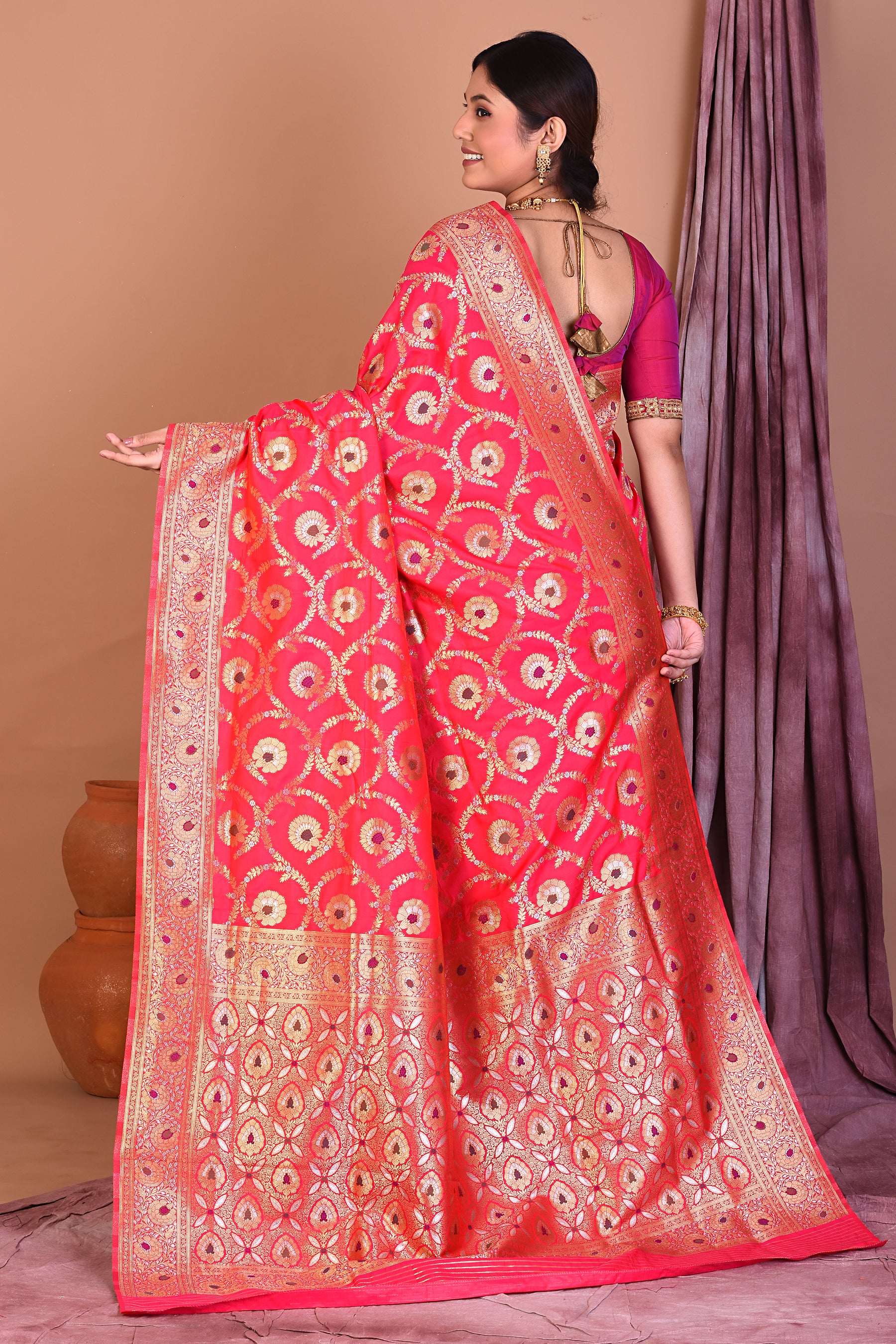 Pink Blended Katan Saree with Golden Zari - Keya Seth Exclusive