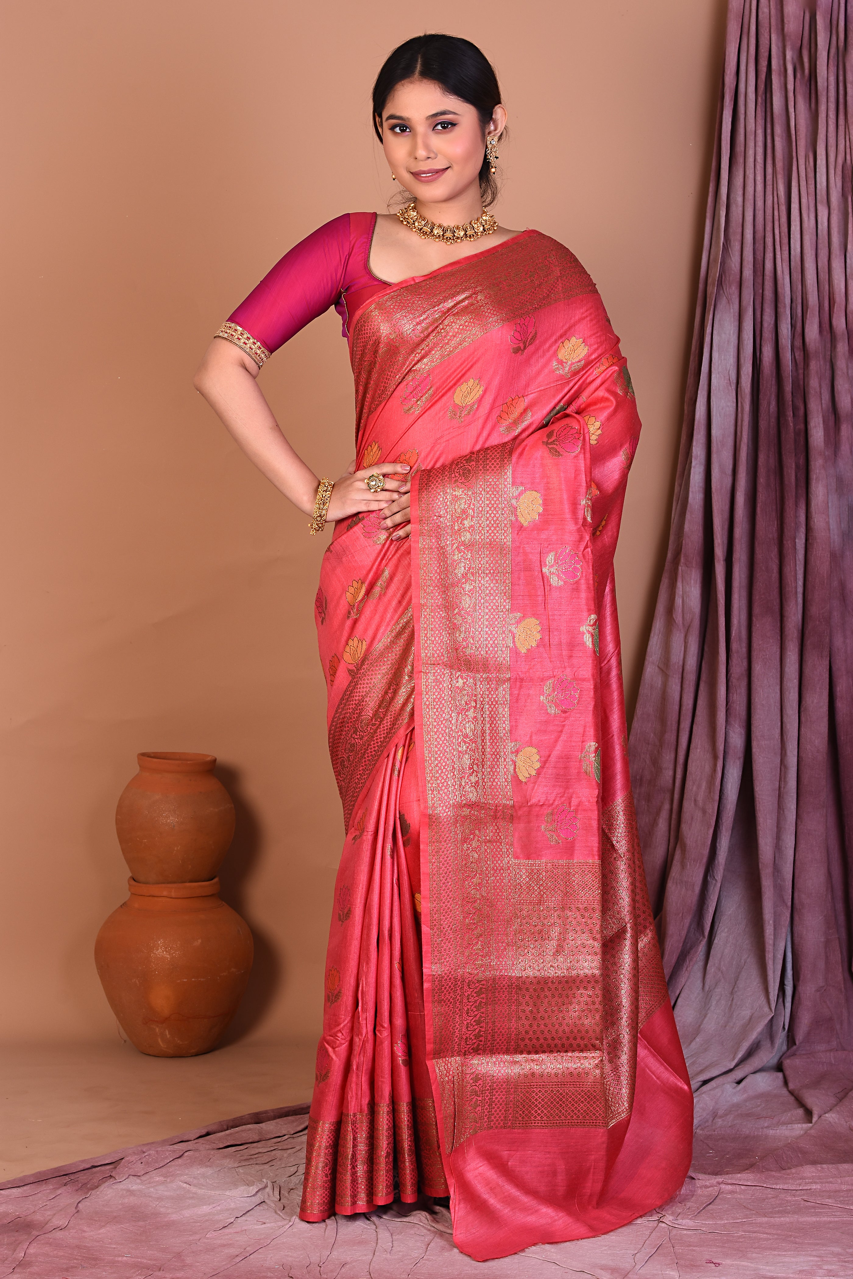 Peach Pure Tussar Saree with Golden Zari - Keya Seth Exclusive