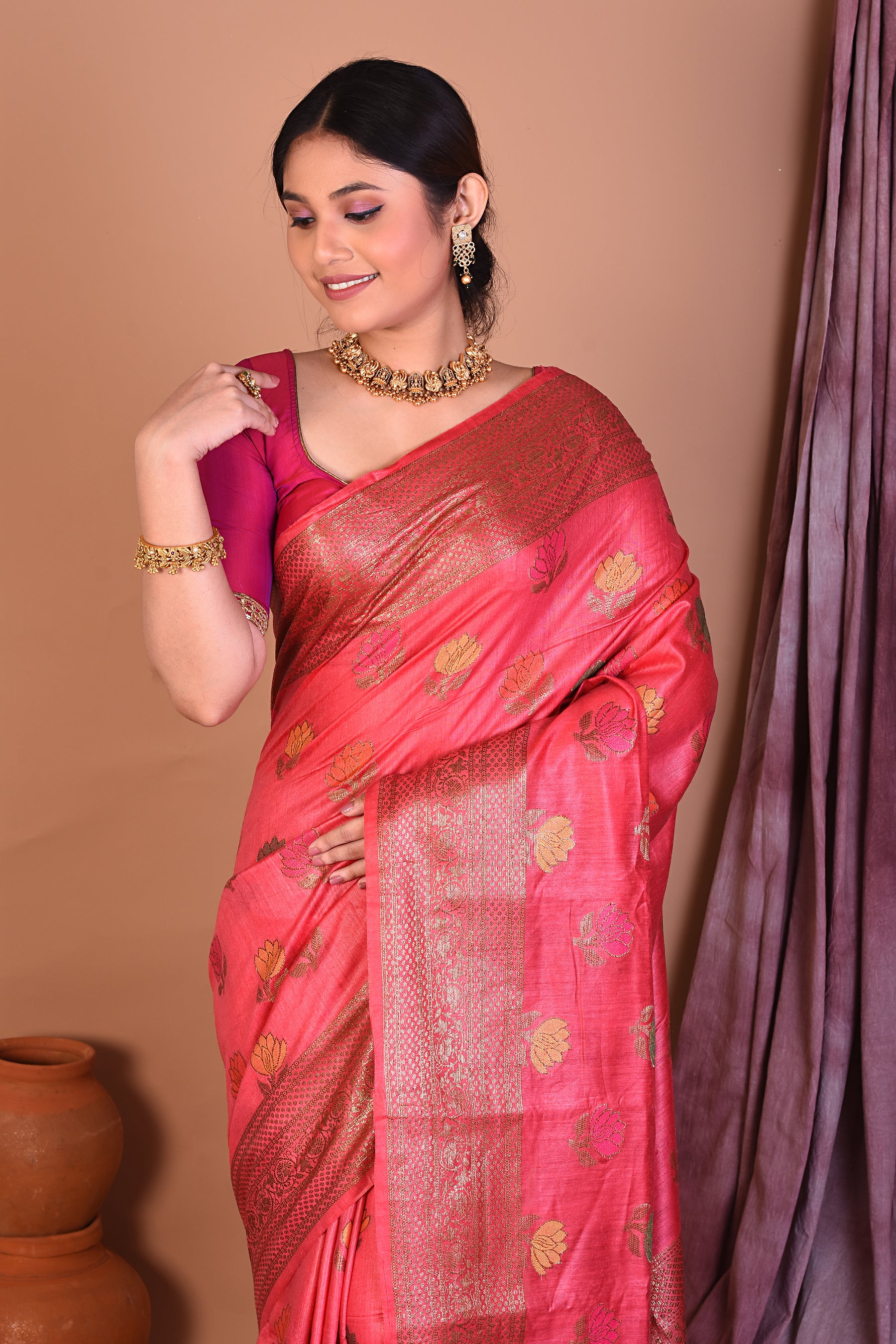 Peach Pure Tussar Saree with Golden Zari - Keya Seth Exclusive