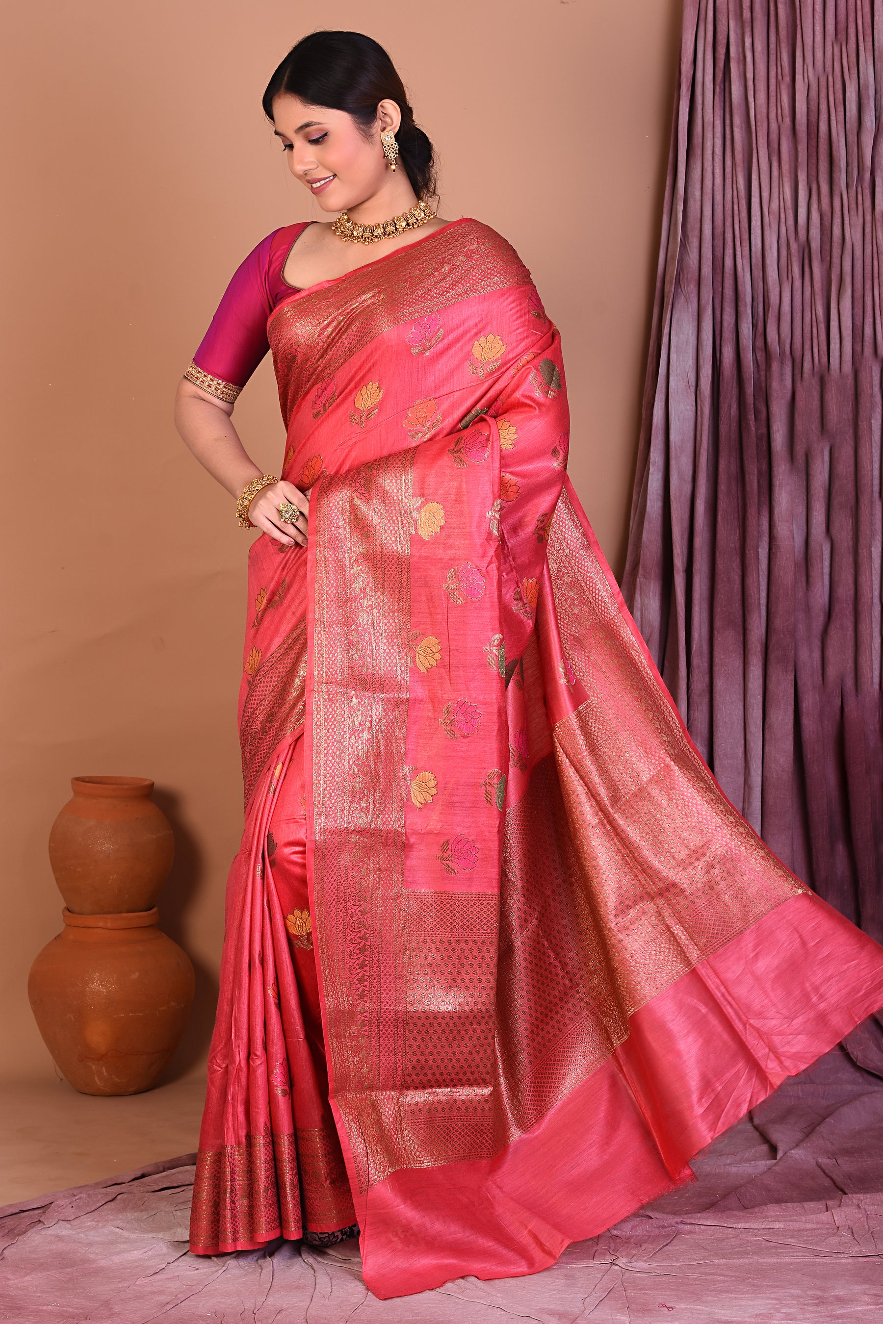 Peach Pure Tussar Saree with Golden Zari - Keya Seth Exclusive