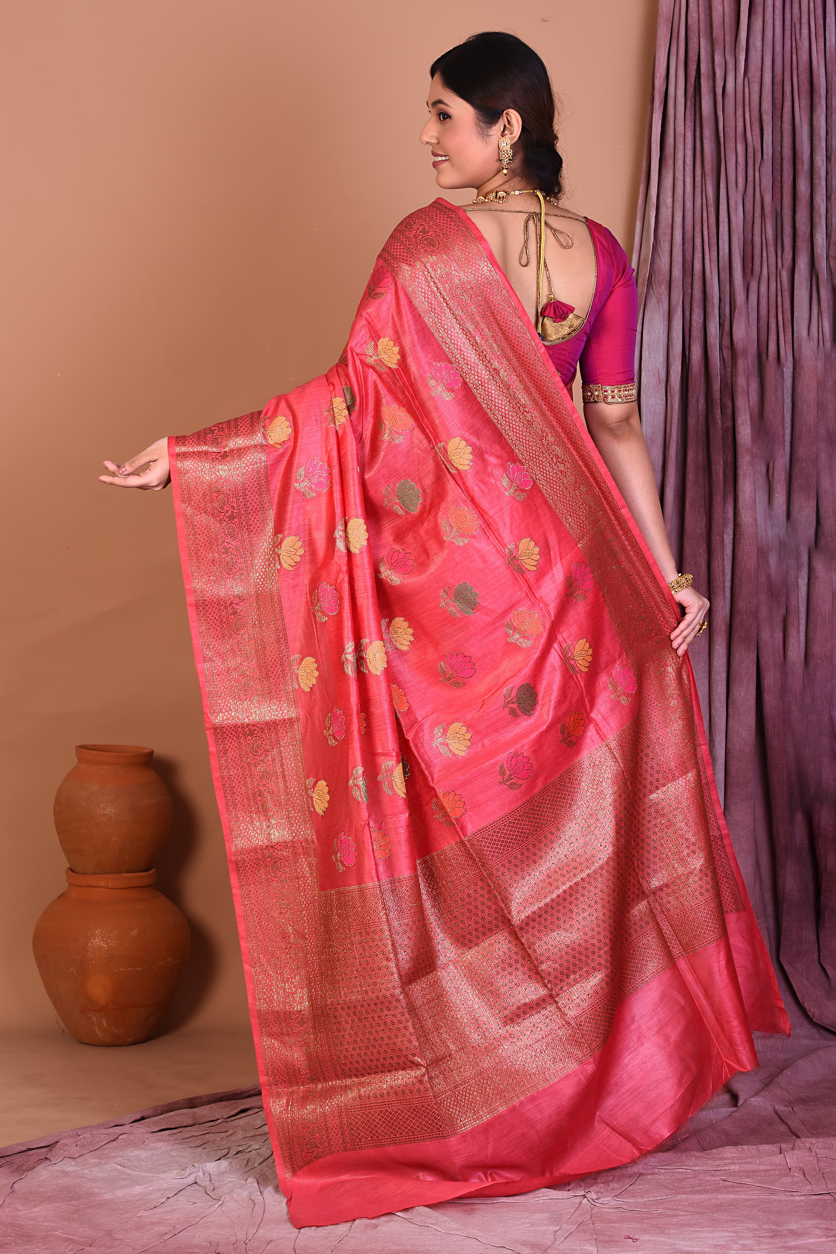 Peach Pure Tussar Saree with Golden Zari - Keya Seth Exclusive