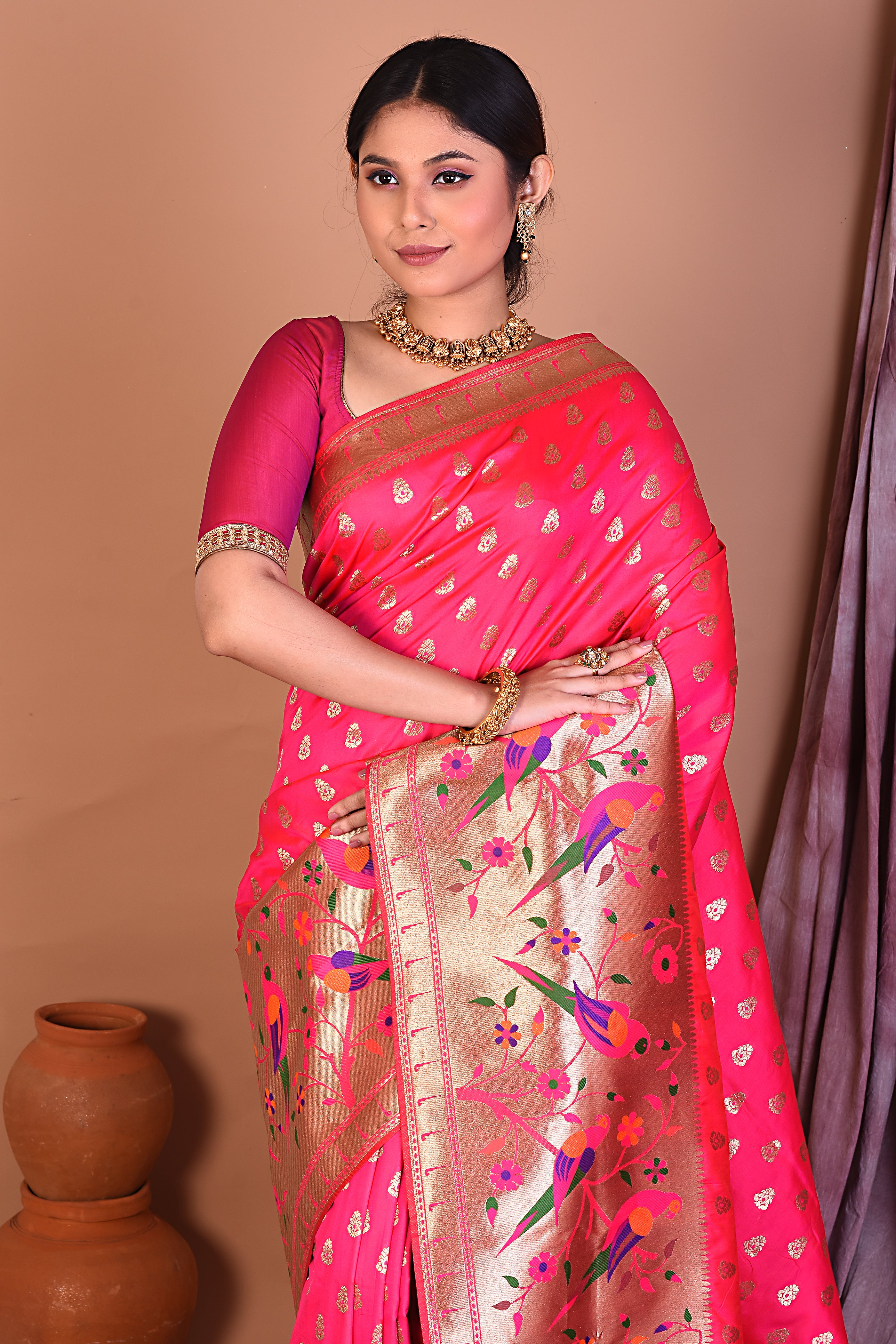 Pink Blended Paithani Saree with Golden Zari - Keya Seth Exclusive