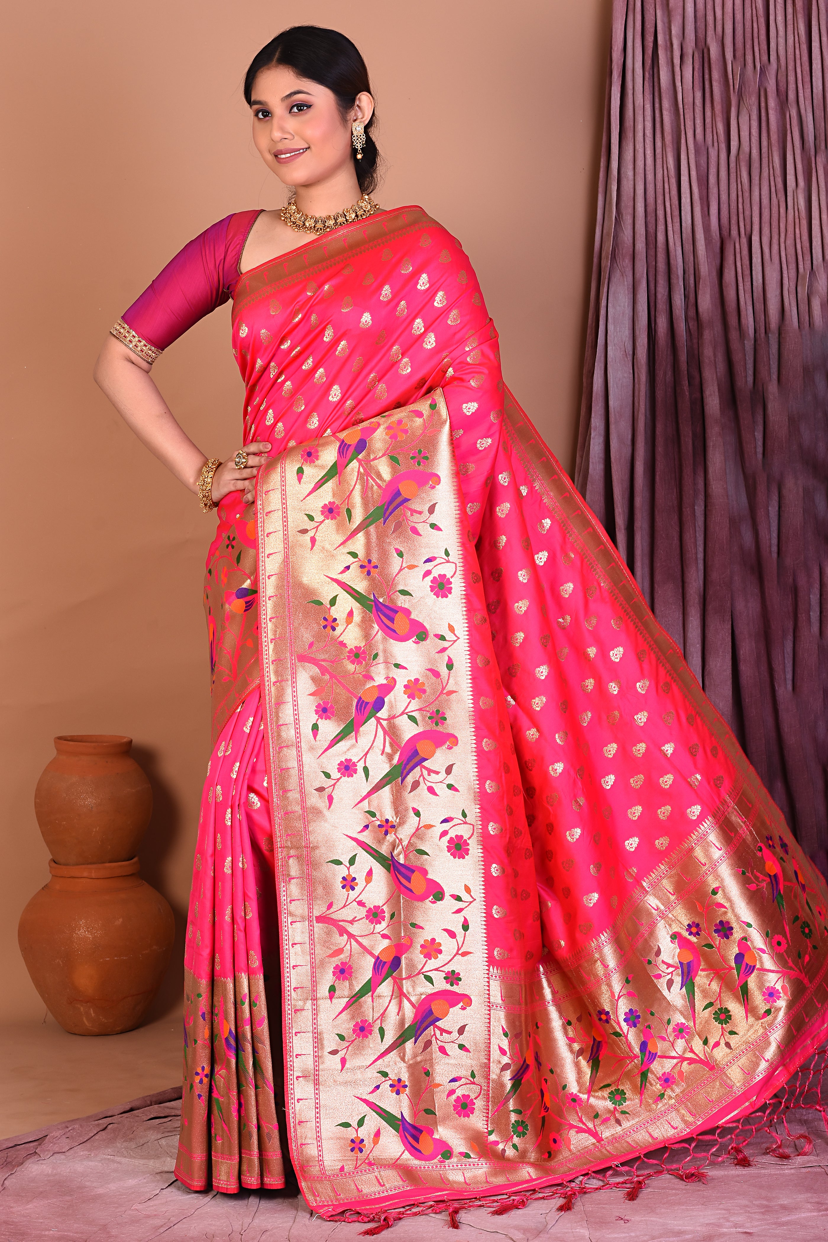 Pink Blended Paithani Saree with Golden Zari - Keya Seth Exclusive