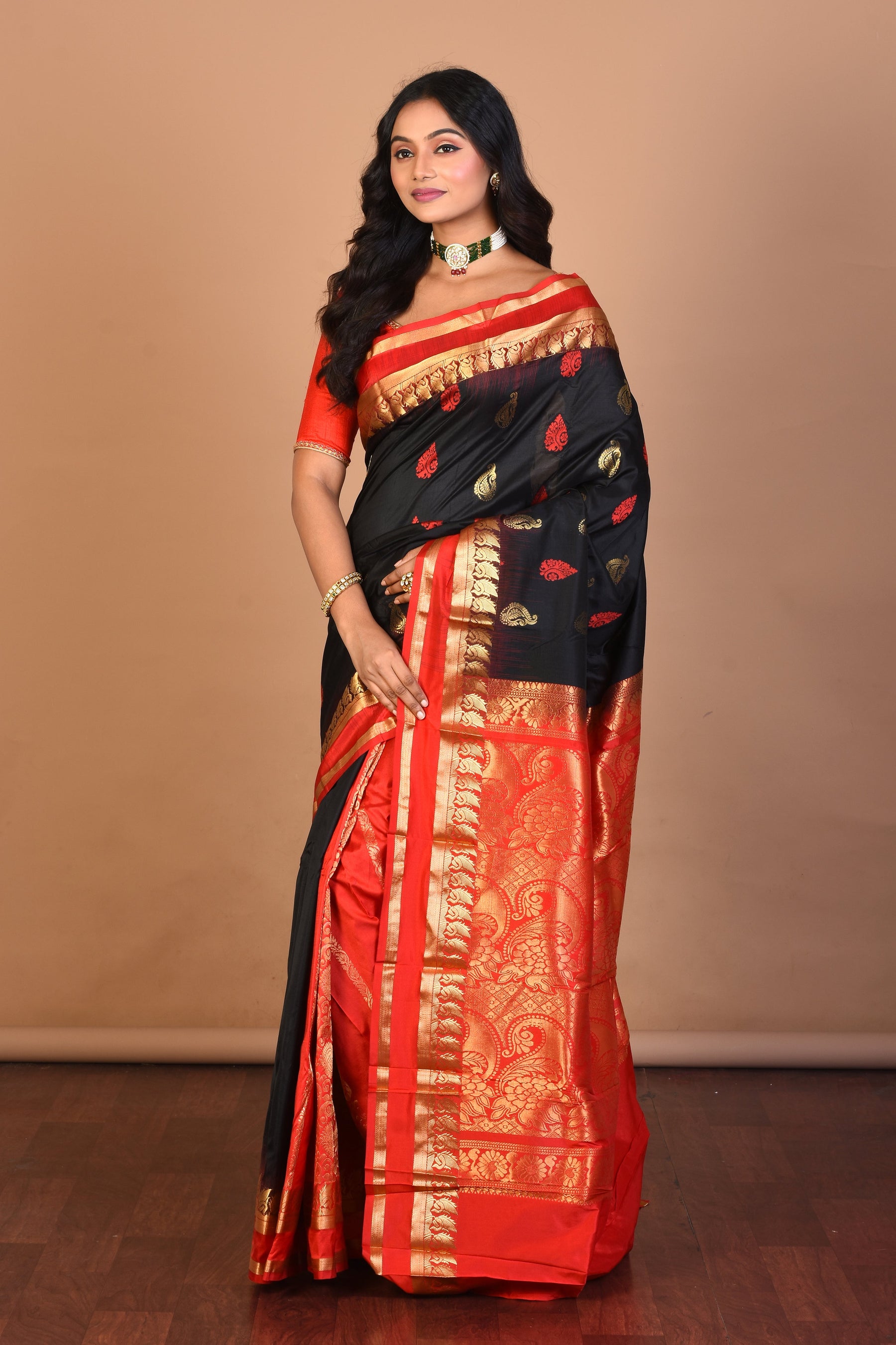 Black Pure Silk Saree with Blouse Piece - Keya Seth Exclusive