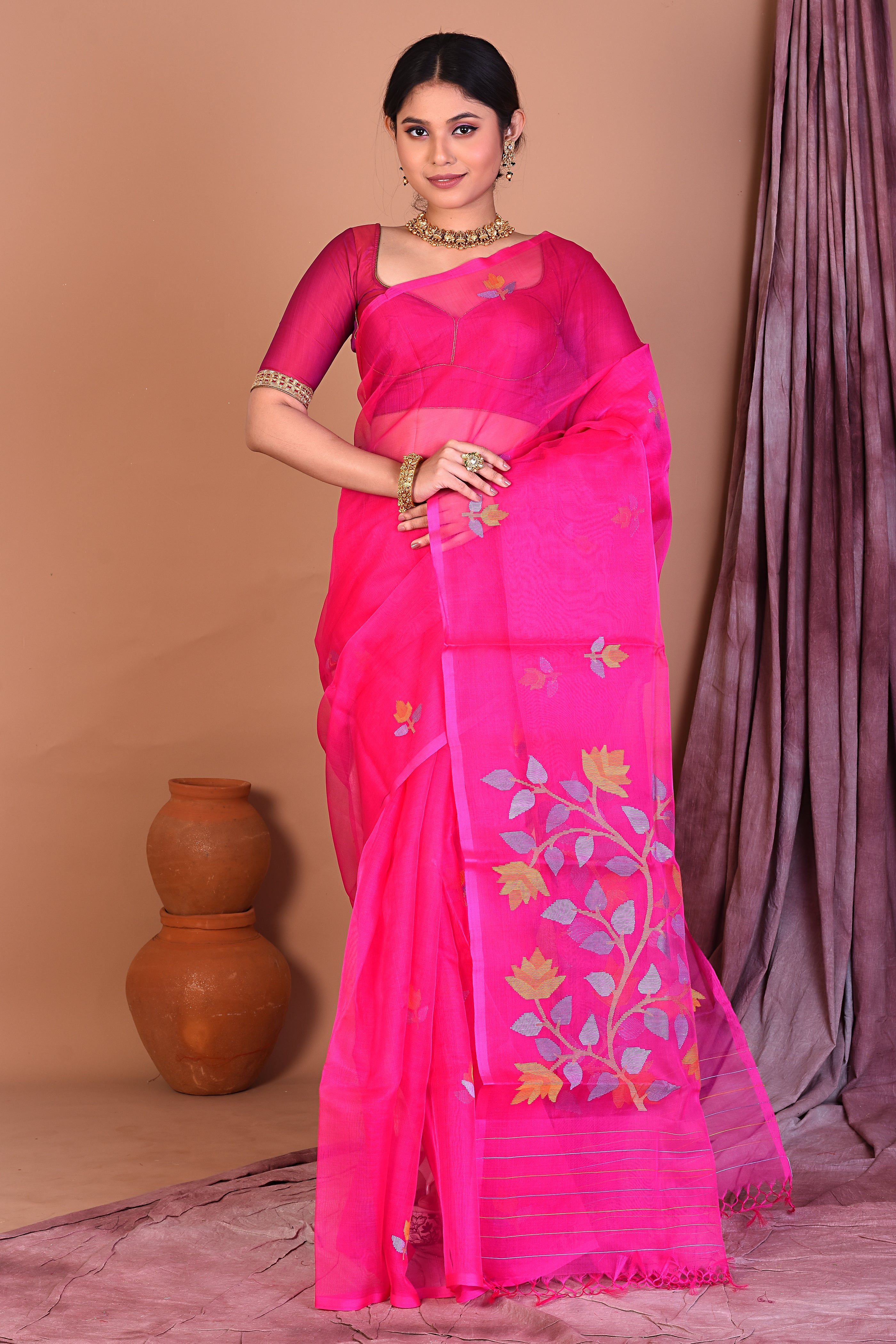 Pink Pure Muslin Saree with Threadwork - Keya Seth Exclusive