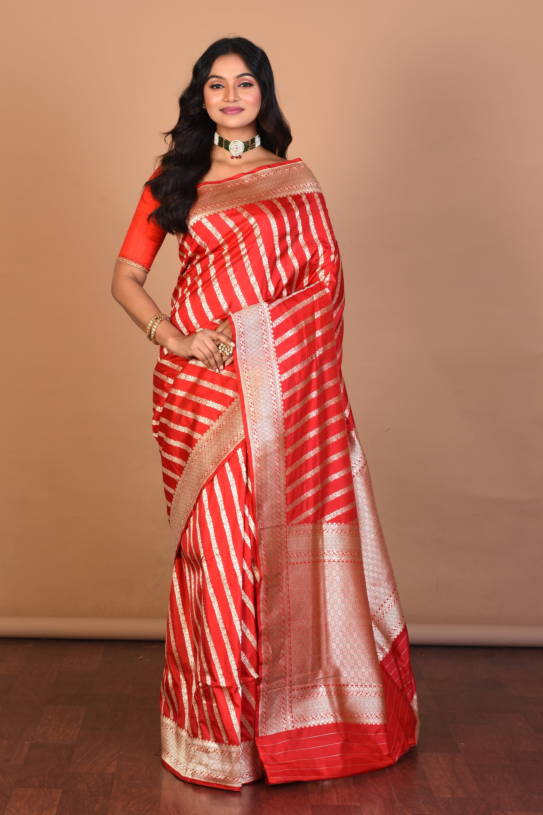 Red Pure Katan Silk Saree with Blouse Piece - Keya Seth Exclusive