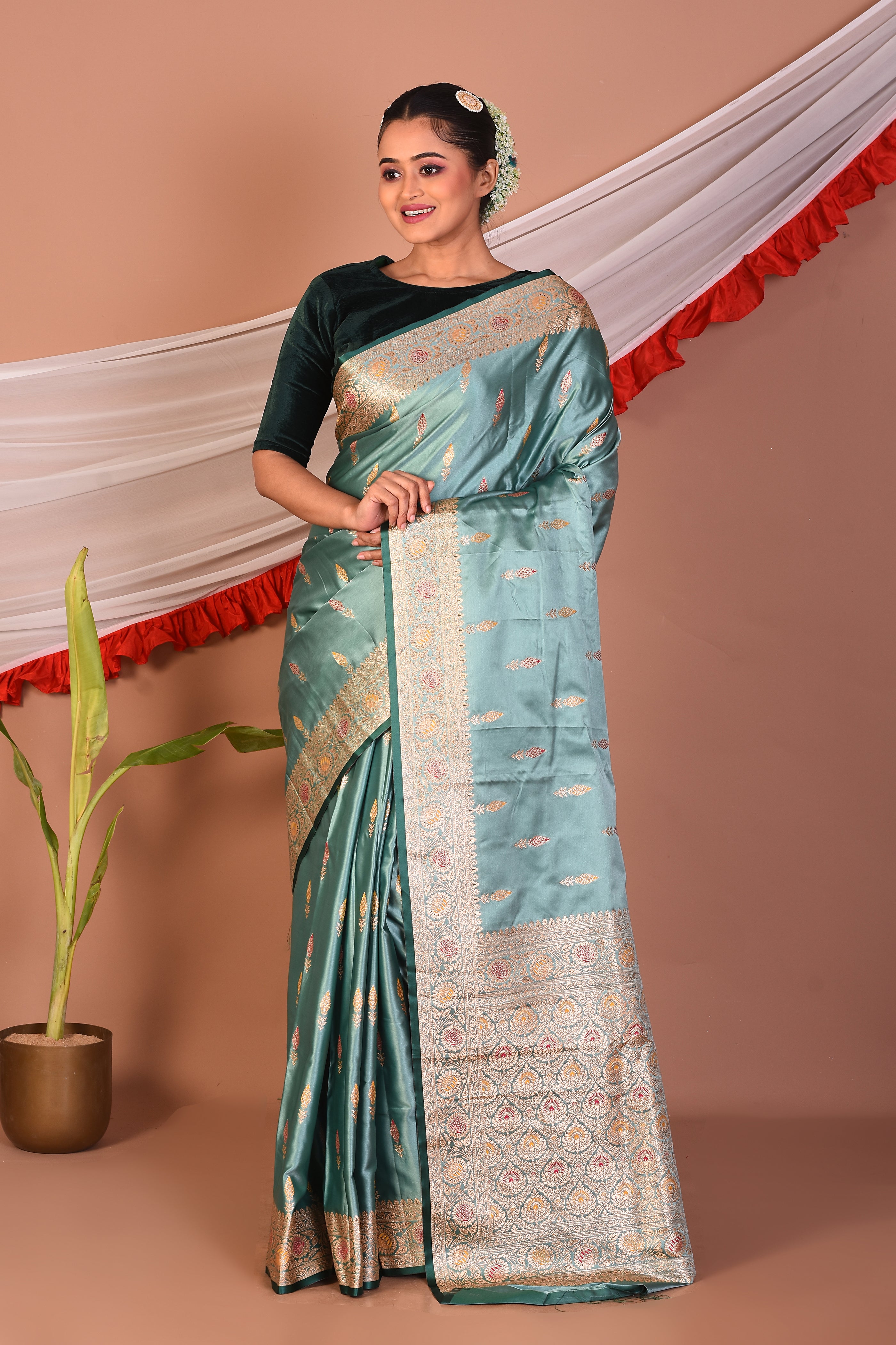 Sea Green Blended Mashru Silk Saree - Keya Seth Exclusive