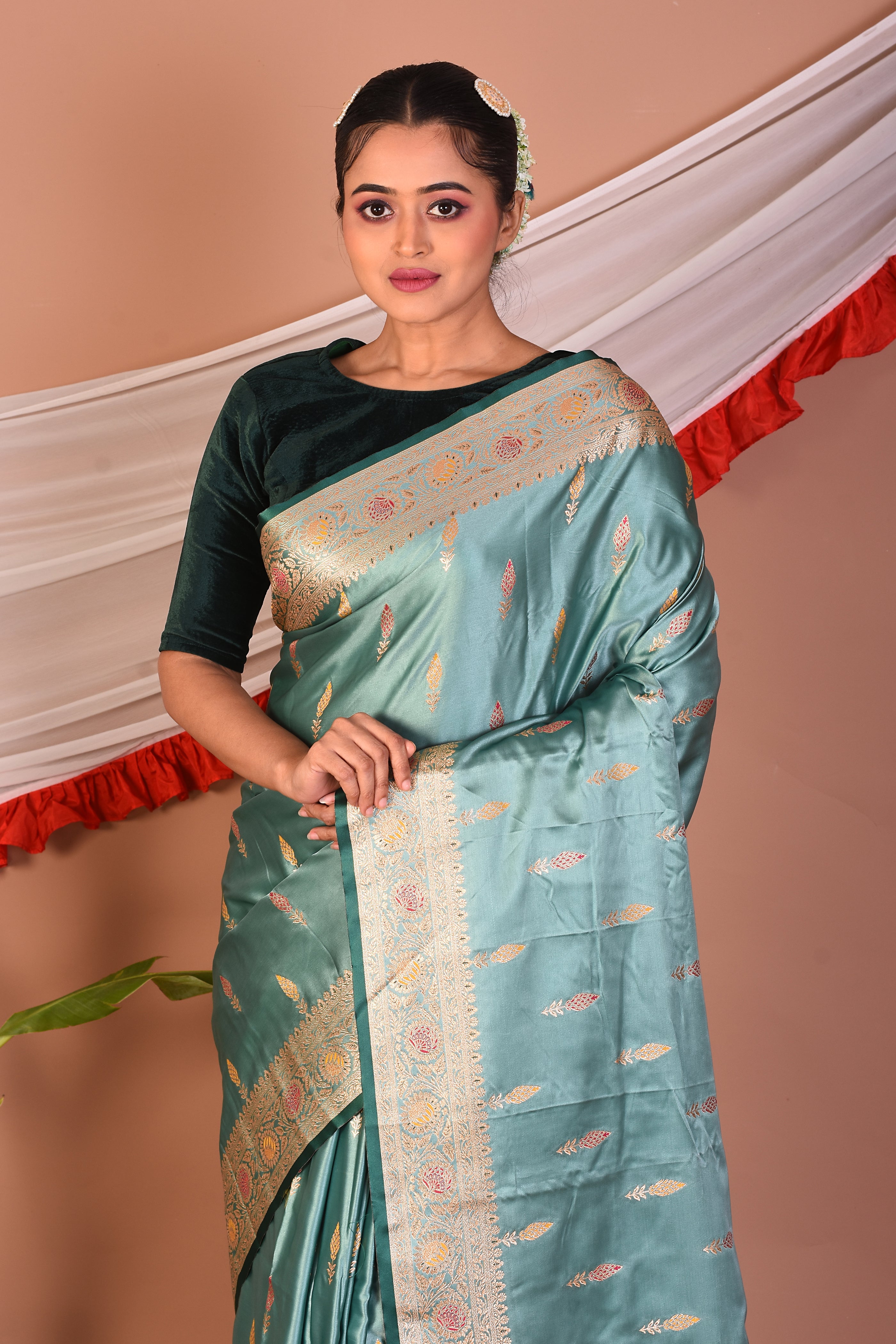 Sea Green Blended Mashru Silk Saree - Keya Seth Exclusive