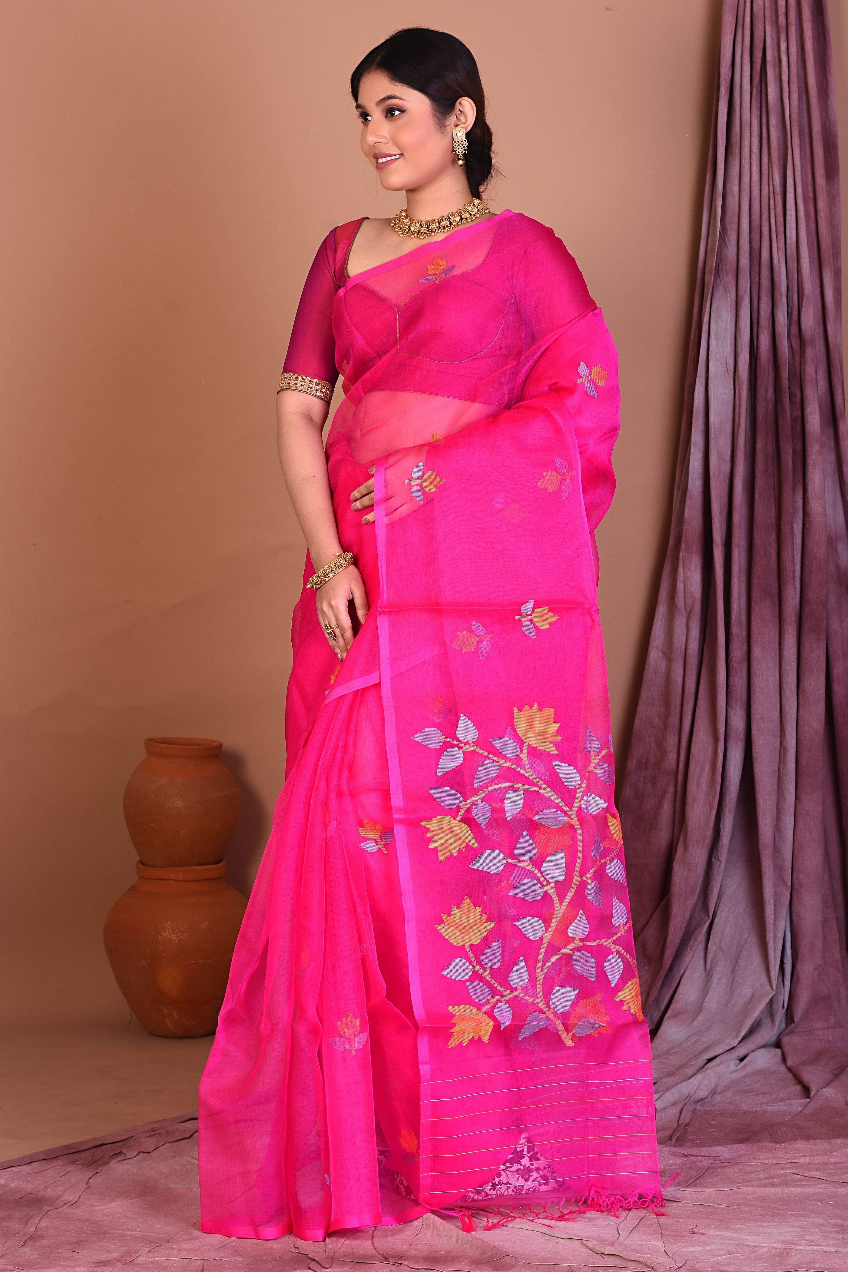 Pink Pure Muslin Saree with Threadwork - Keya Seth Exclusive