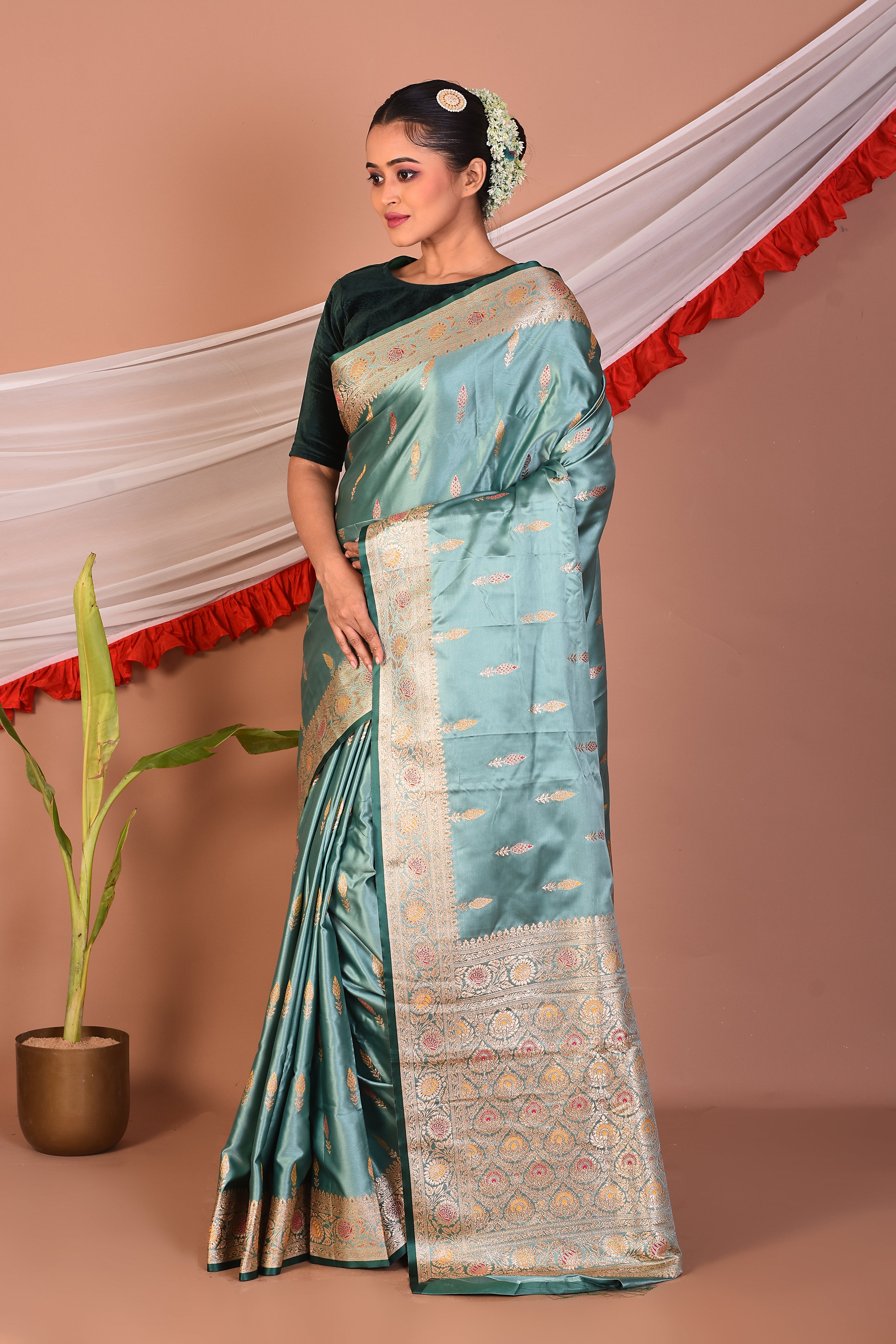 Sea Green Blended Mashru Silk Saree - Keya Seth Exclusive