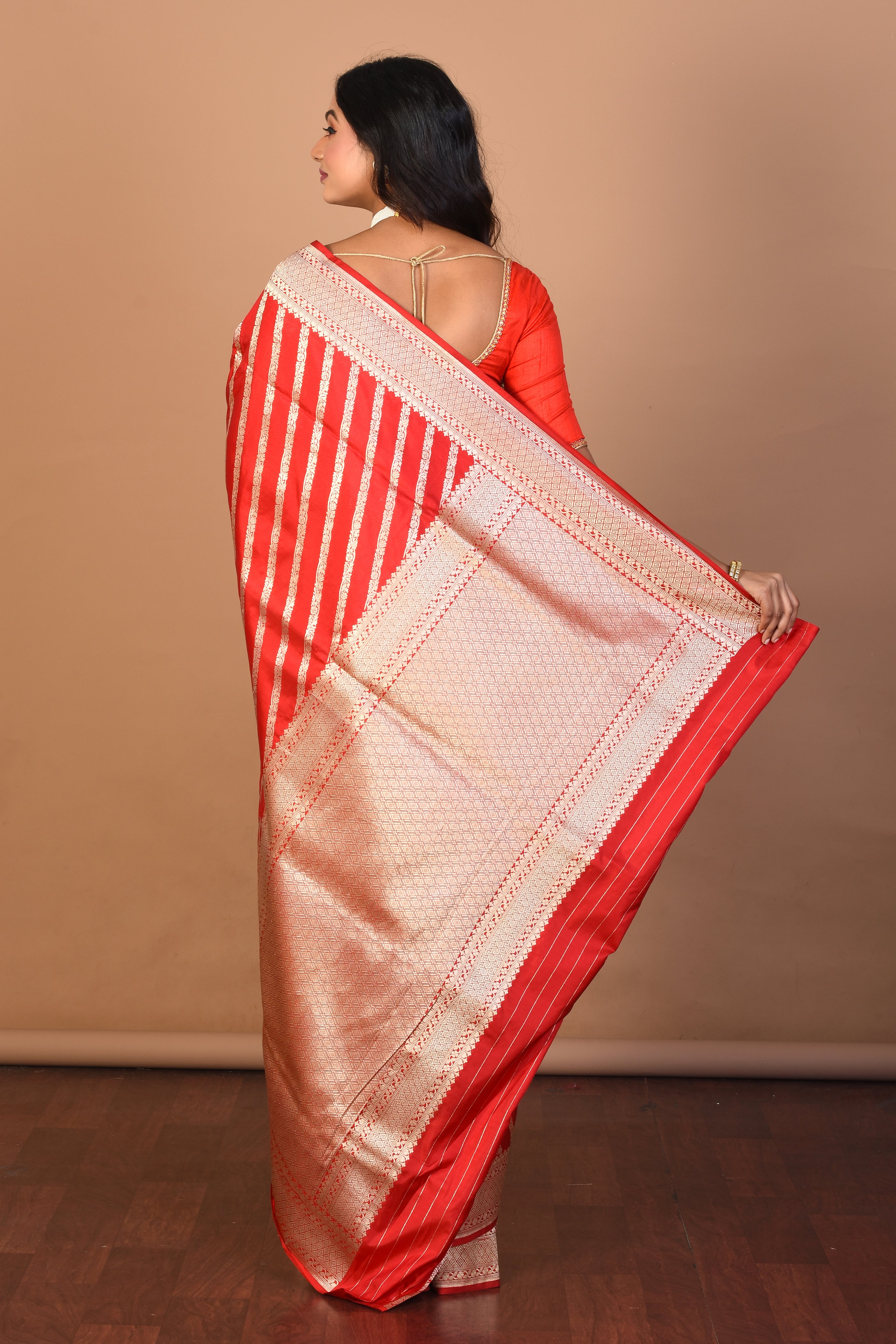 Red Pure Katan Silk Saree with Blouse Piece - Keya Seth Exclusive