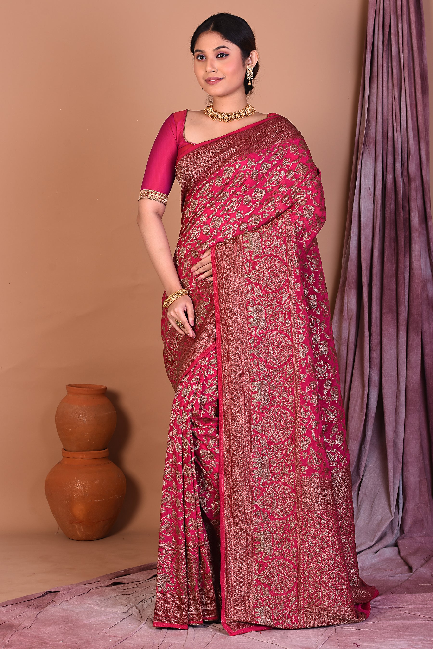 Pink Blended Khaddi Georgette Saree with Golden Zari - Keya Seth Exclusive