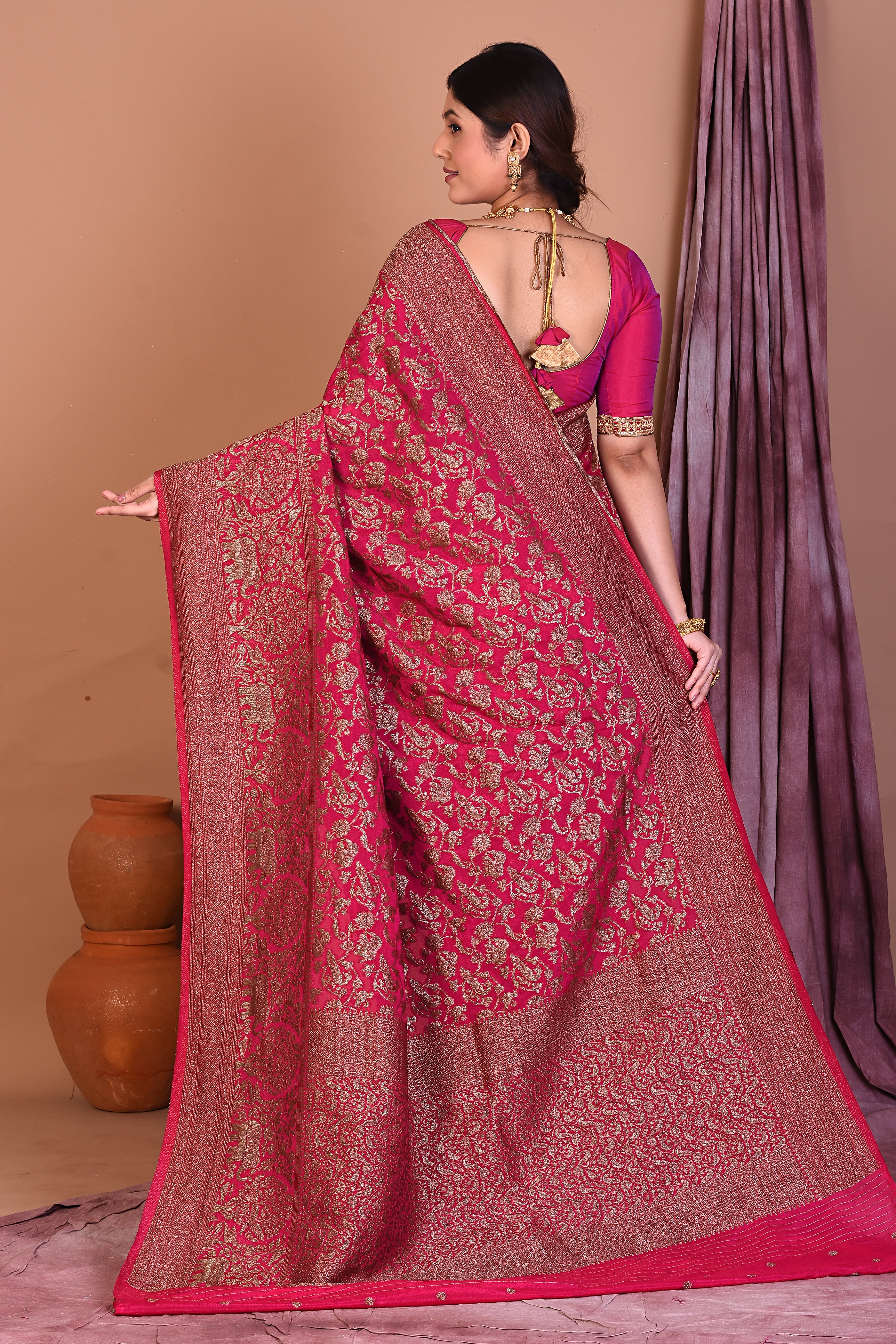 Pink Blended Khaddi Georgette Saree with Golden Zari - Keya Seth Exclusive