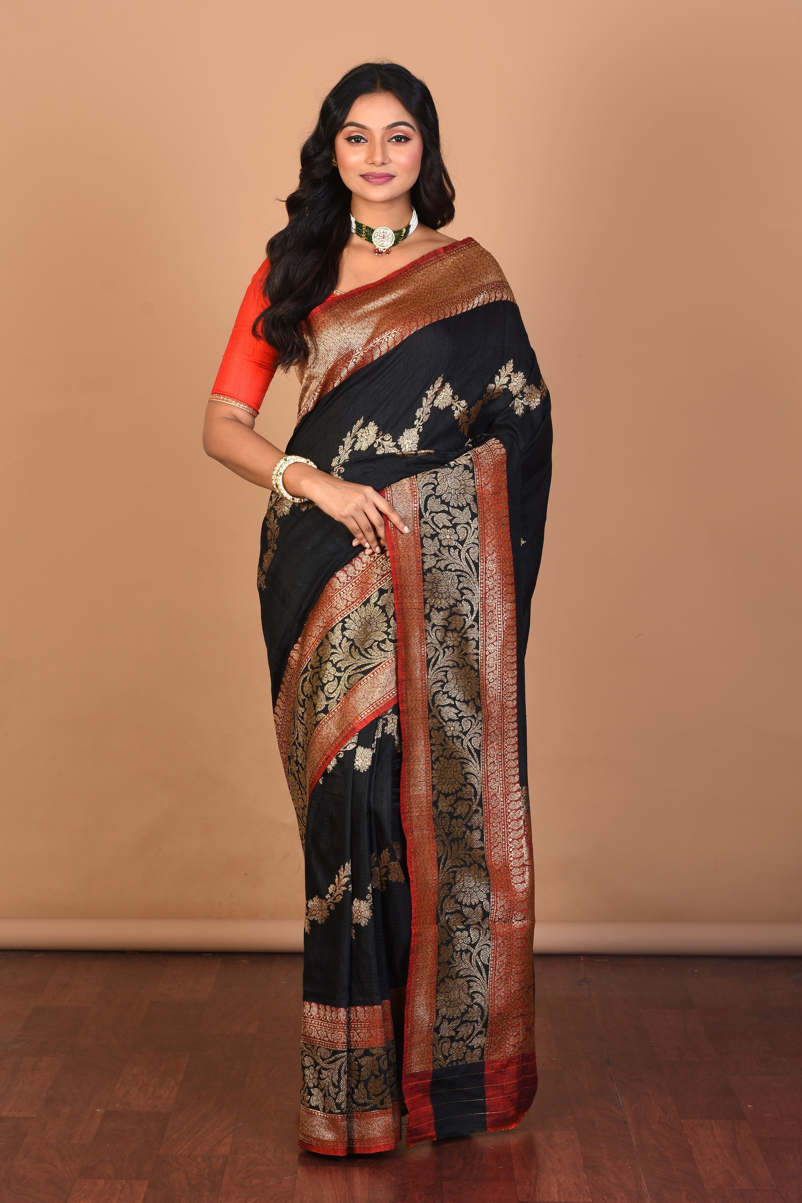 Black Pure Dupion Silk Saree with Blouse Piece - Keya Seth Exclusive