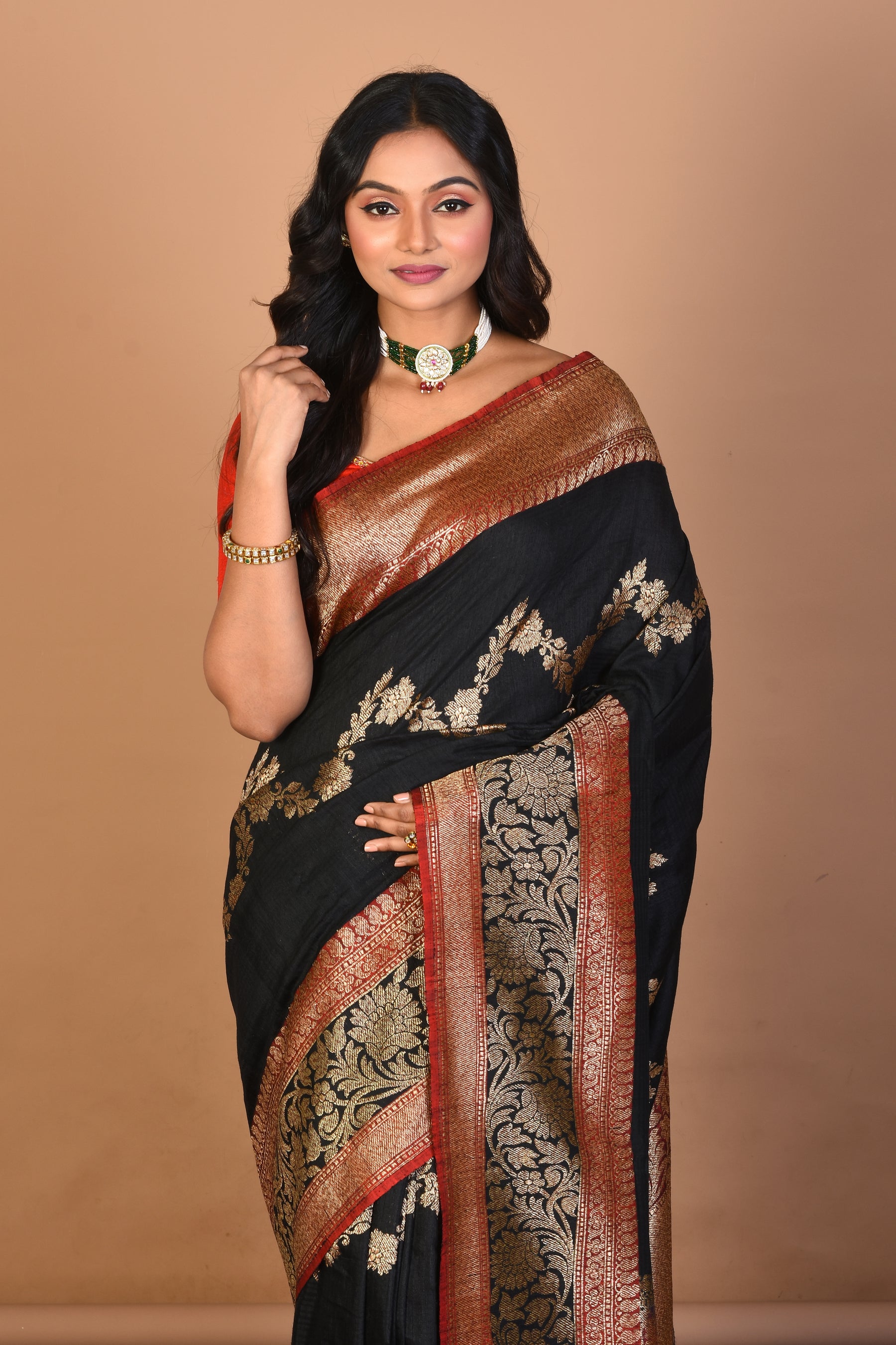 Black Pure Dupion Silk Saree with Blouse Piece - Keya Seth Exclusive