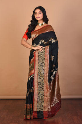 Black Pure Dupion Silk Saree with Blouse Piece - Keya Seth Exclusive