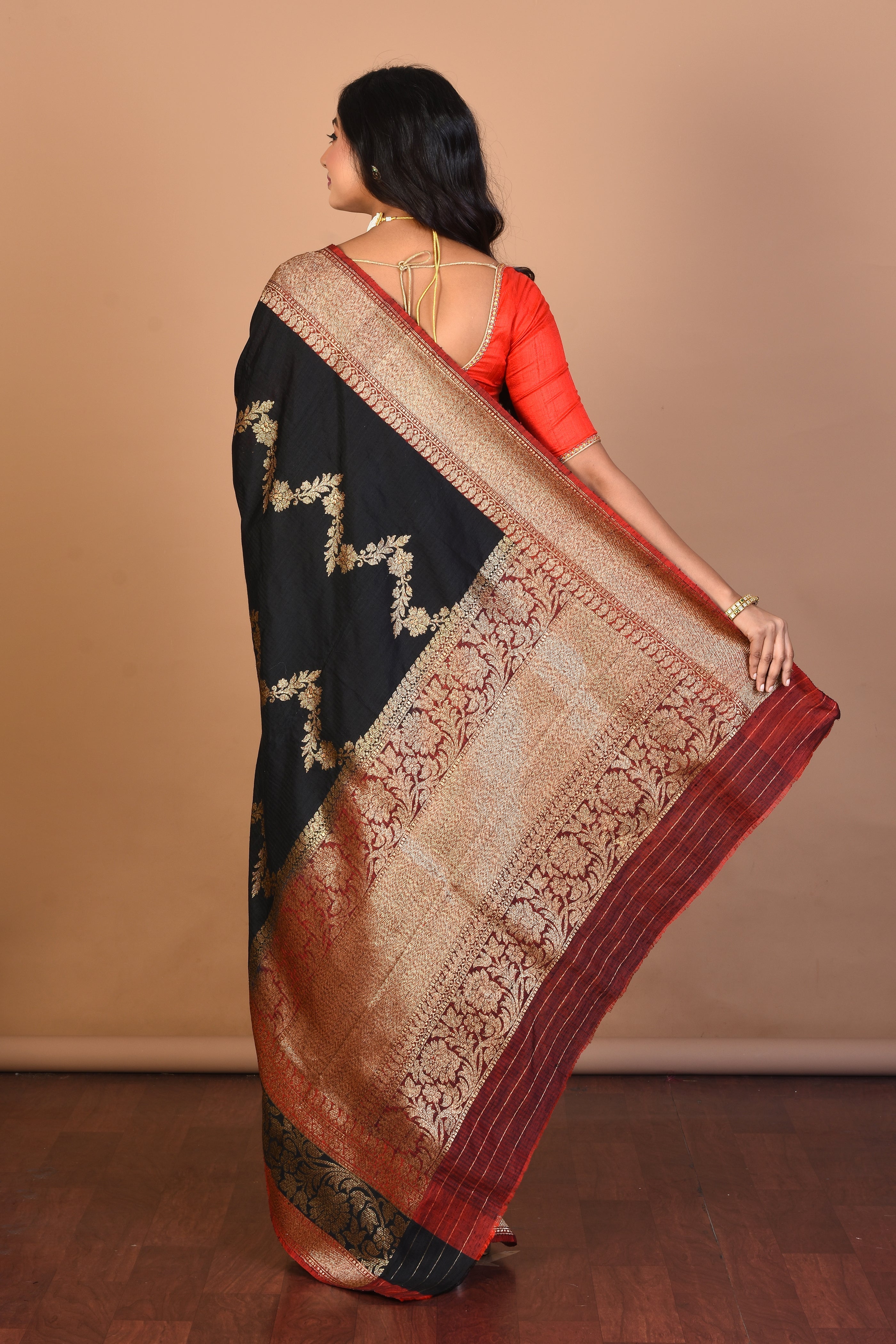 Black Pure Dupion Silk Saree with Blouse Piece - Keya Seth Exclusive