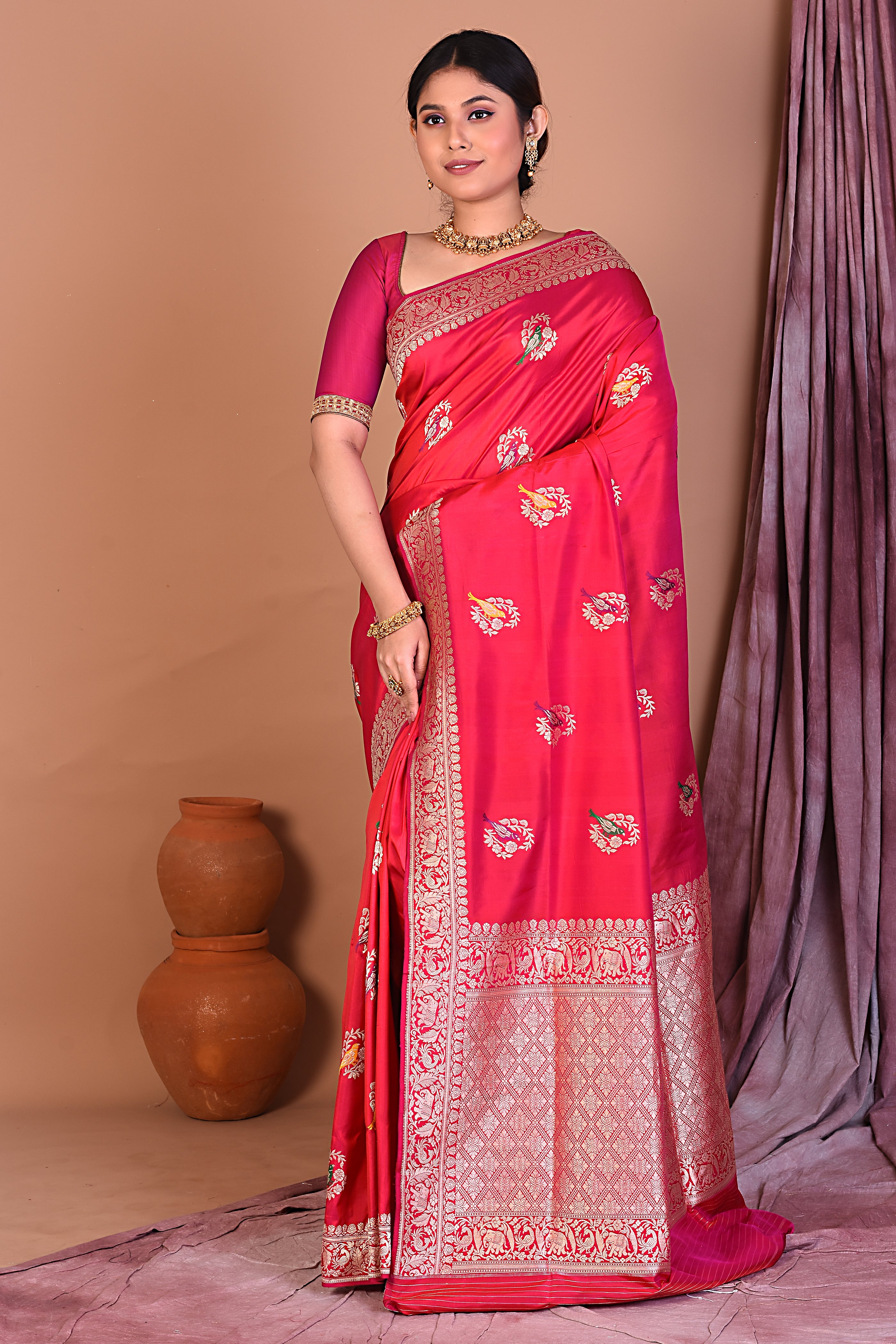 Pink Pure Katan Saree with Golden Zari - Keya Seth Exclusive