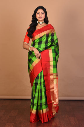 Green Checkered Pure Silk Saree with Blouse Piece - Keya Seth Exclusive