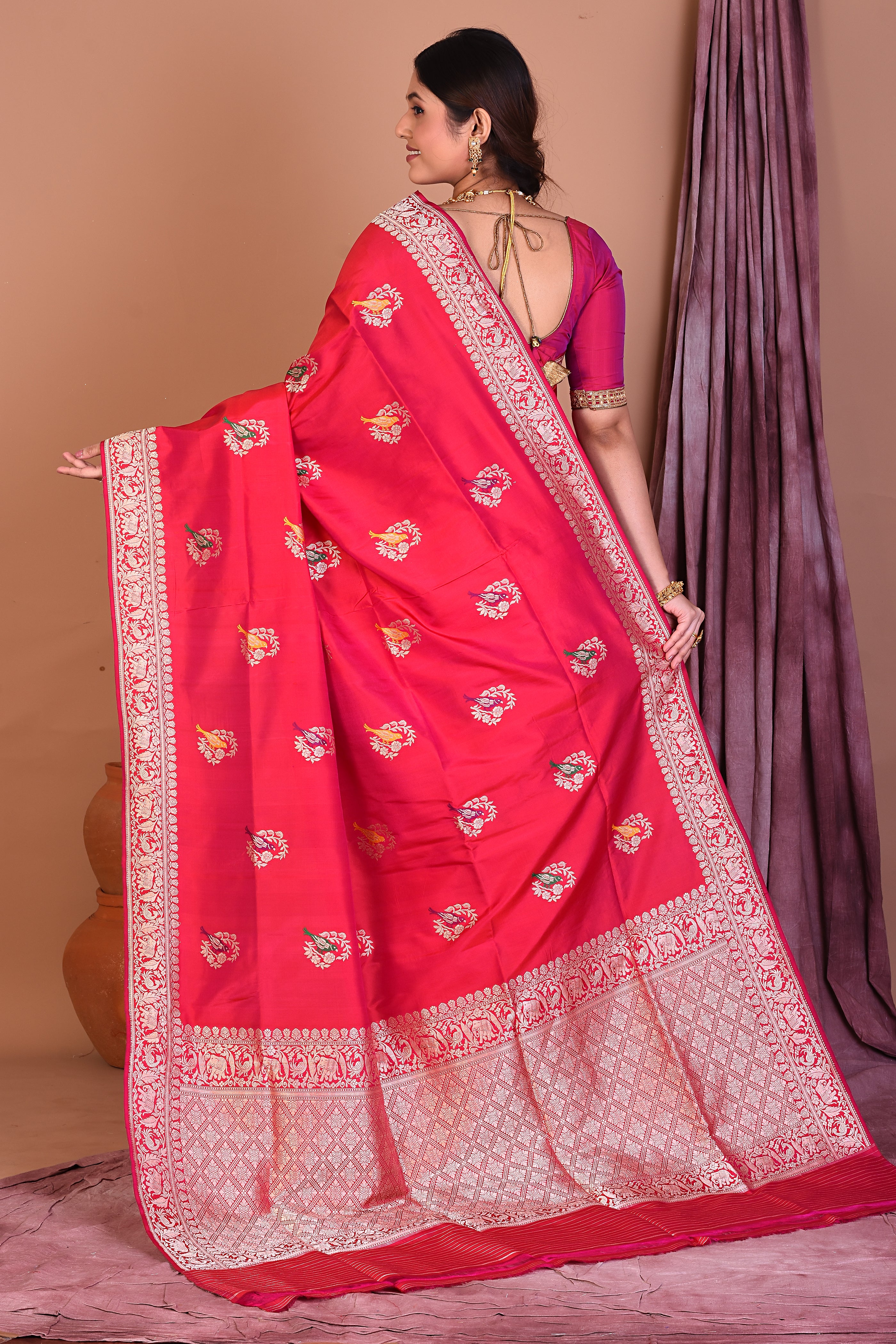 Pink Pure Katan Saree with Golden Zari - Keya Seth Exclusive