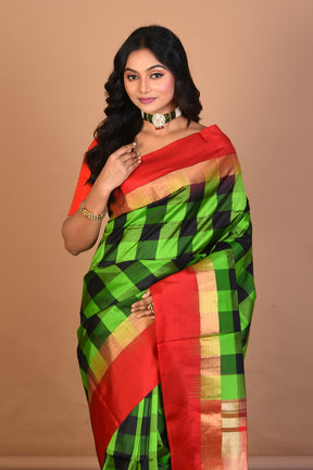 Green Checkered Pure Silk Saree with Blouse Piece - Keya Seth Exclusive