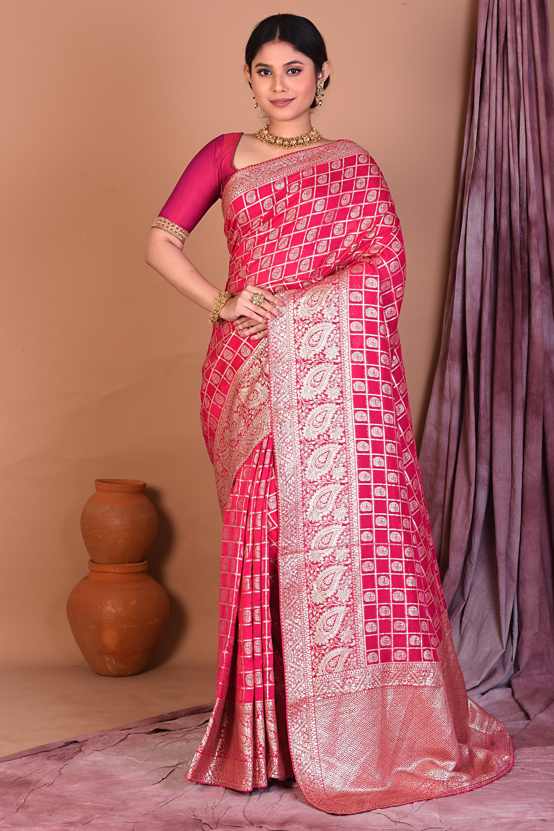 Pink Blended Khaddi Georgette Saree with Golden Zari - Keya Seth Exclusive