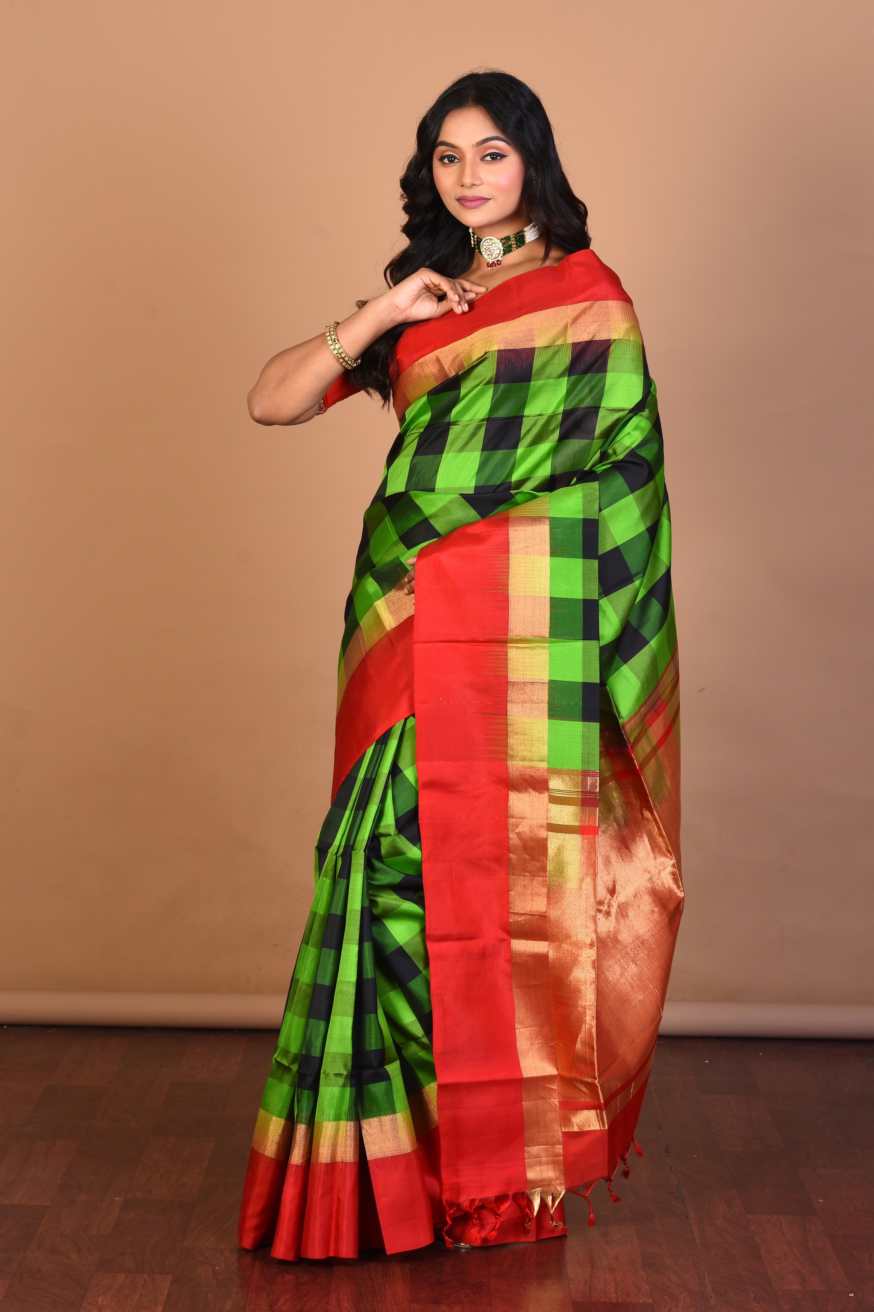 Green Checkered Pure Silk Saree with Blouse Piece - Keya Seth Exclusive