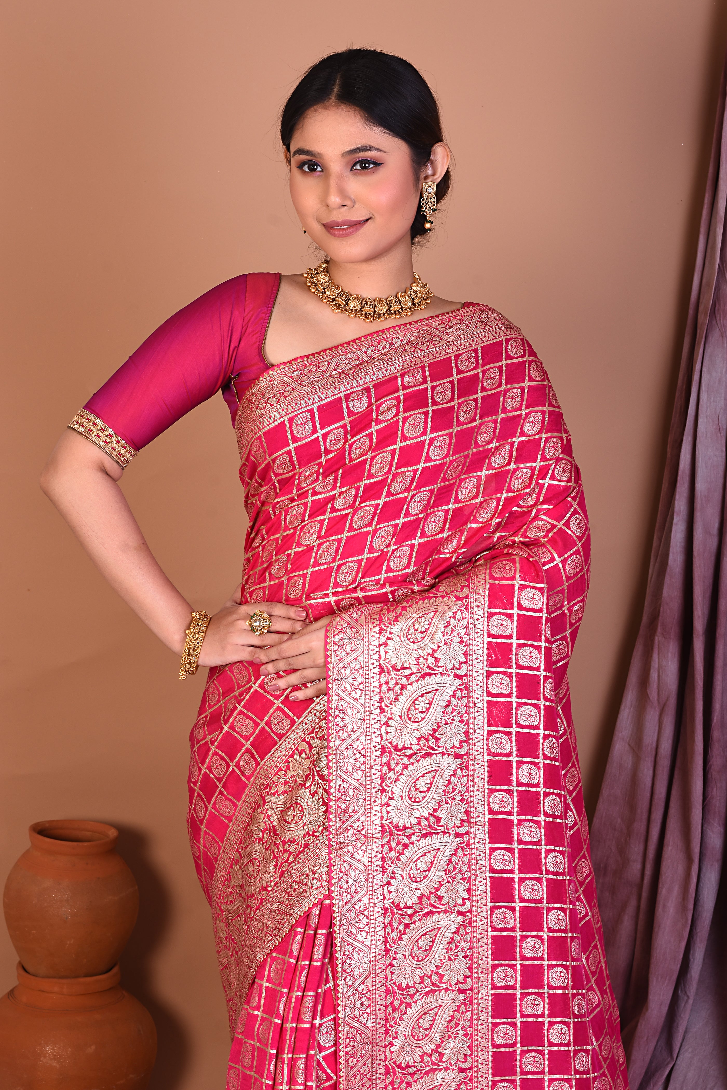 Pink Blended Khaddi Georgette Saree with Golden Zari - Keya Seth Exclusive