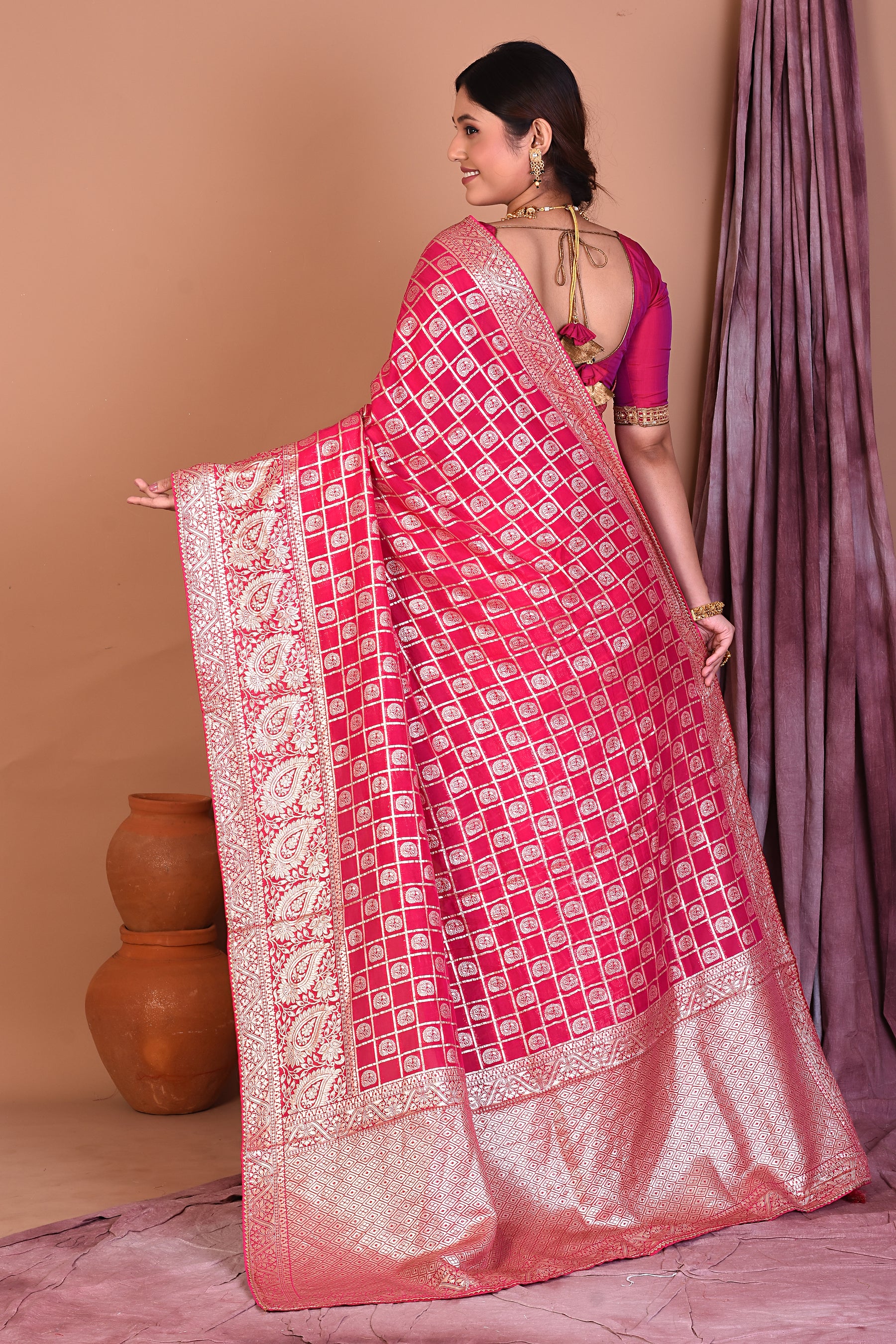 Pink Blended Khaddi Georgette Saree with Golden Zari - Keya Seth Exclusive