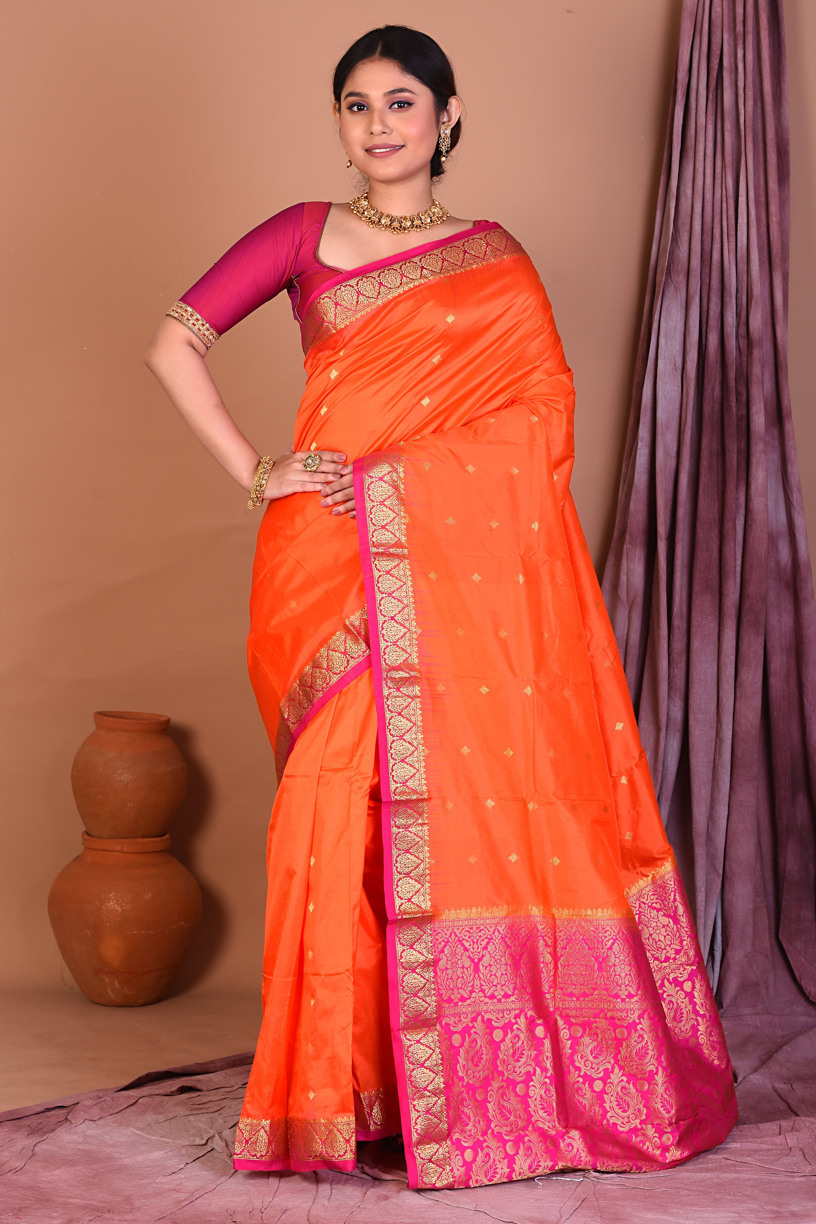 Orange Pure Kanjivaram Saree with Pink Borders - Keya Seth Exclusive