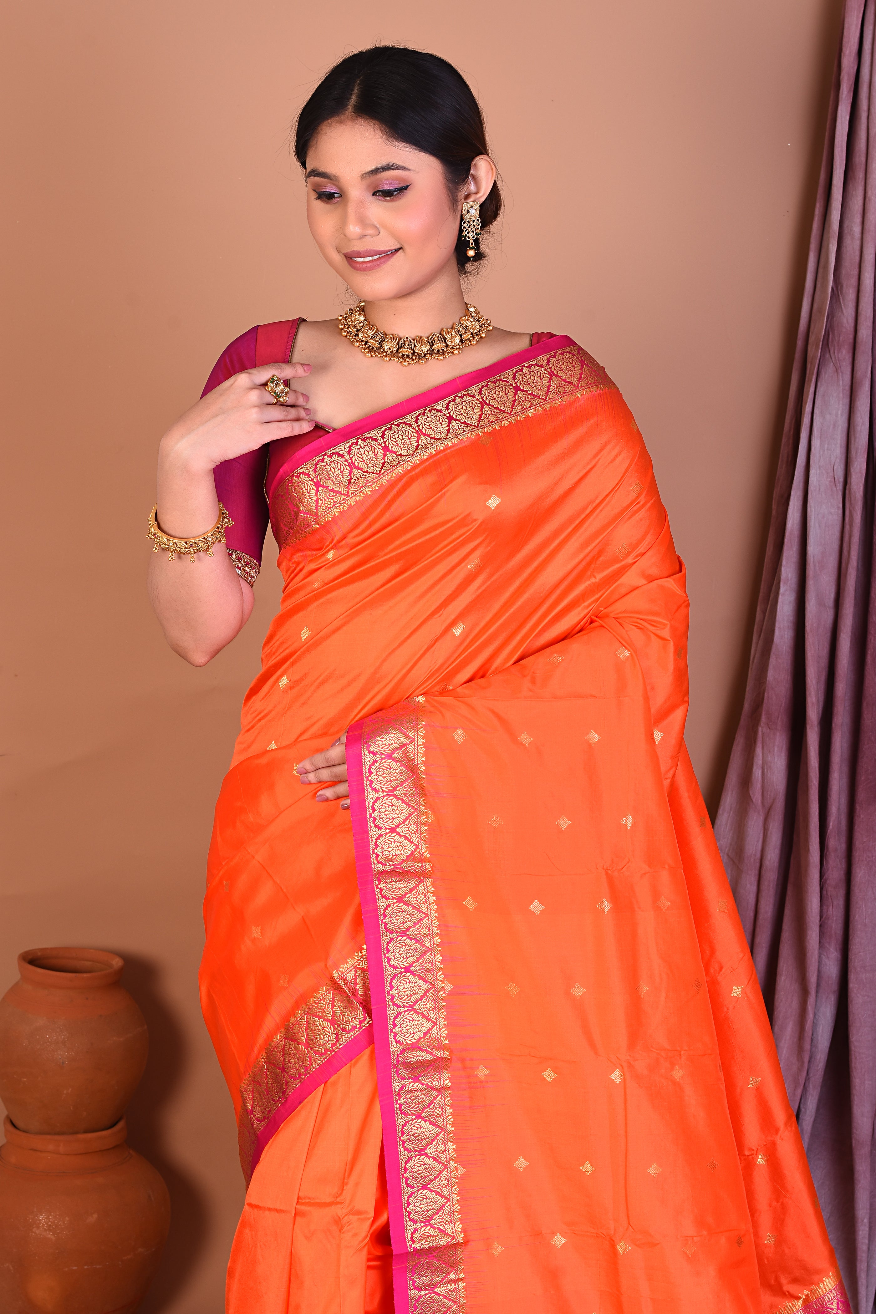 Orange Pure Kanjivaram Saree with Pink Borders - Keya Seth Exclusive