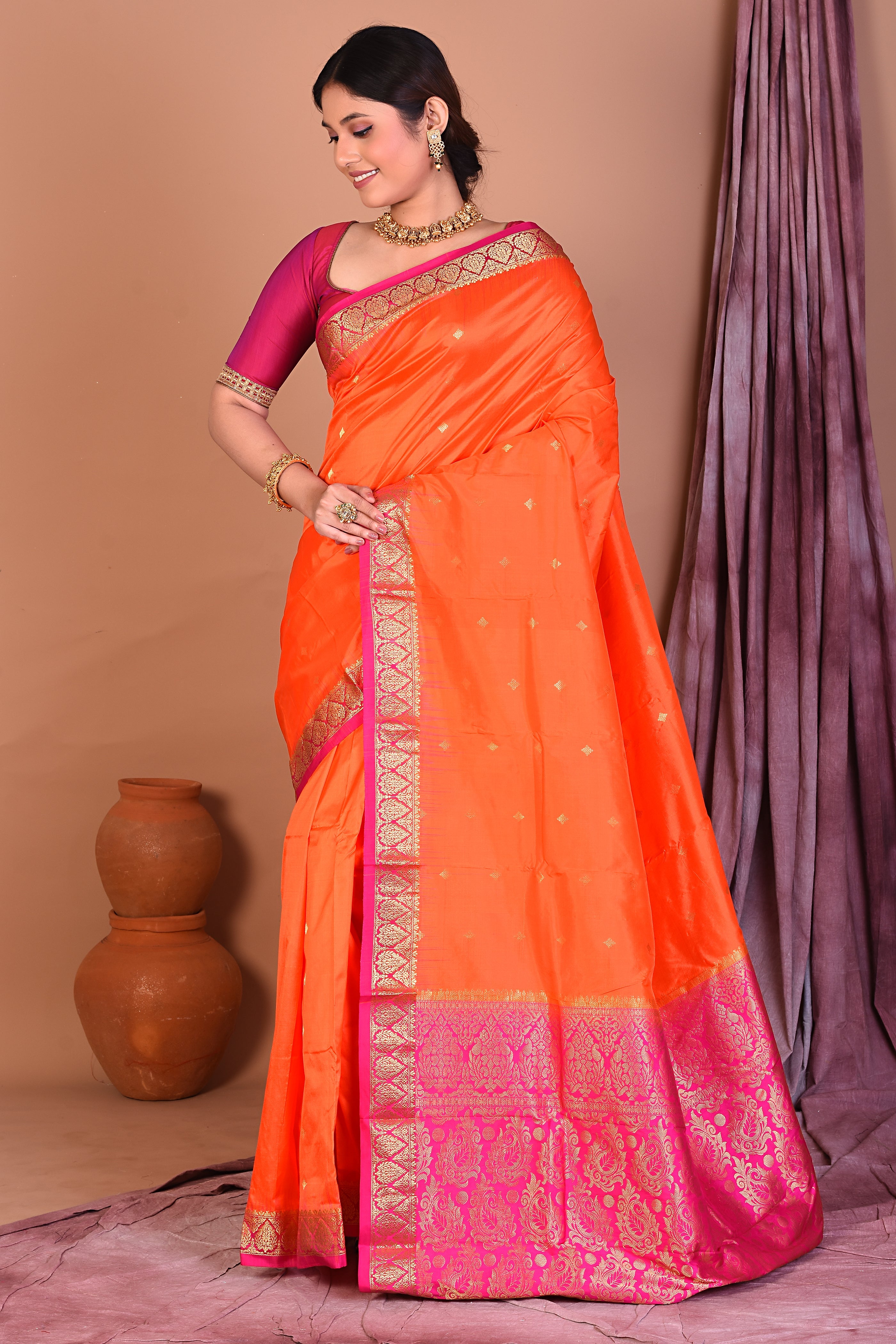 Orange Pure Kanjivaram Saree with Pink Borders - Keya Seth Exclusive