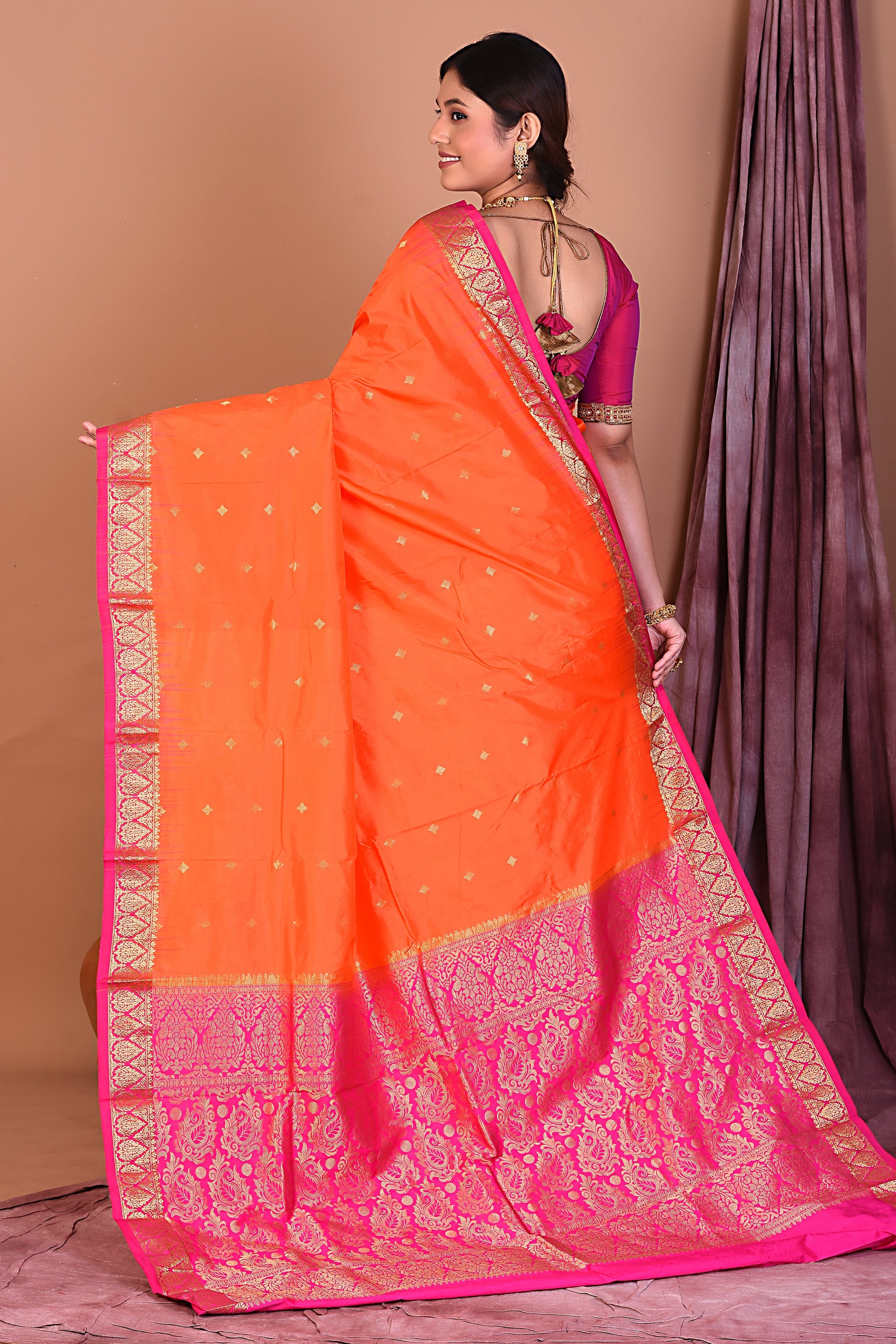 Orange Pure Kanjivaram Saree with Pink Borders - Keya Seth Exclusive