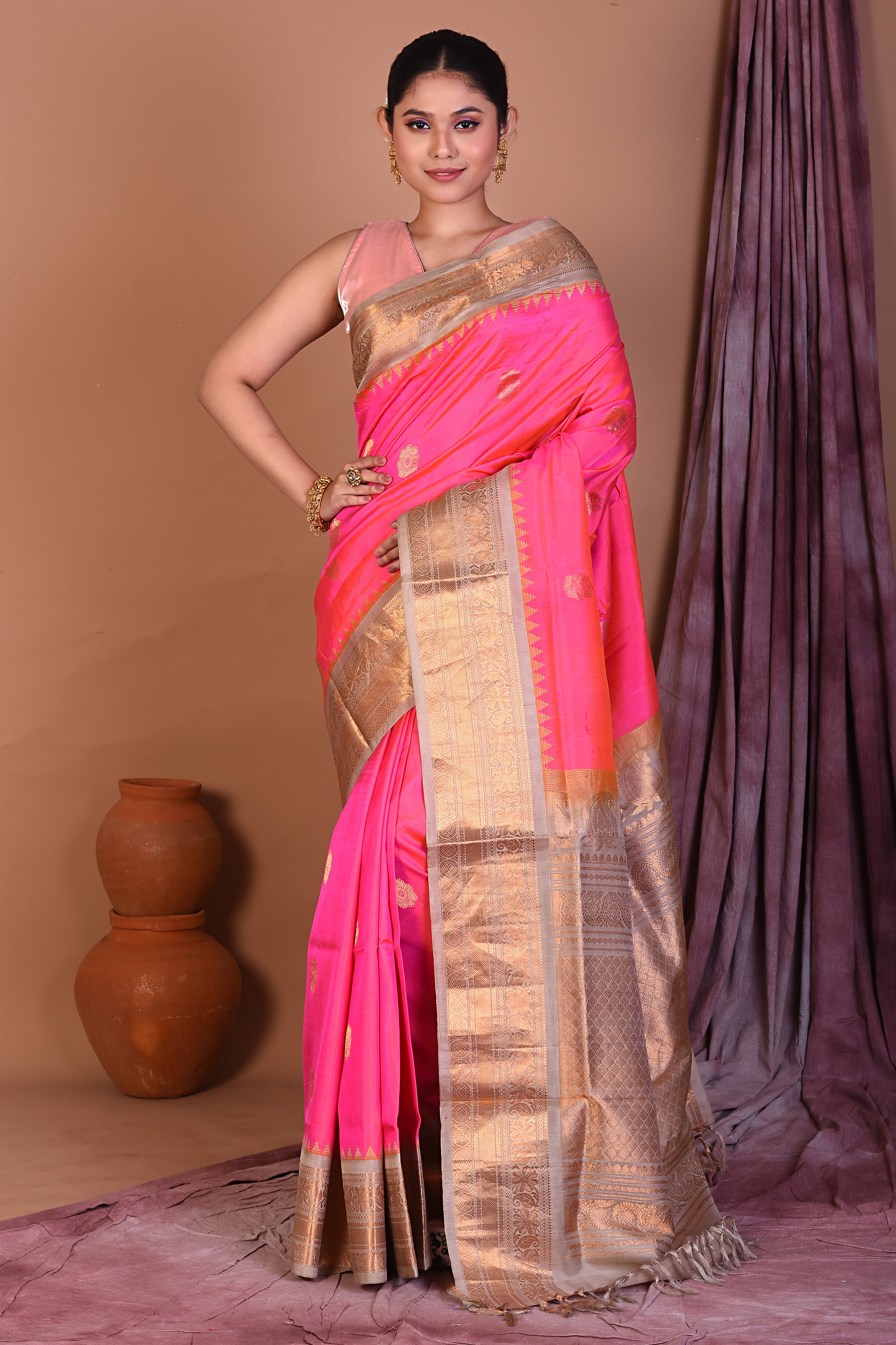 Pink Pure Gadwal Saree with Beige Borders - Keya Seth Exclusive